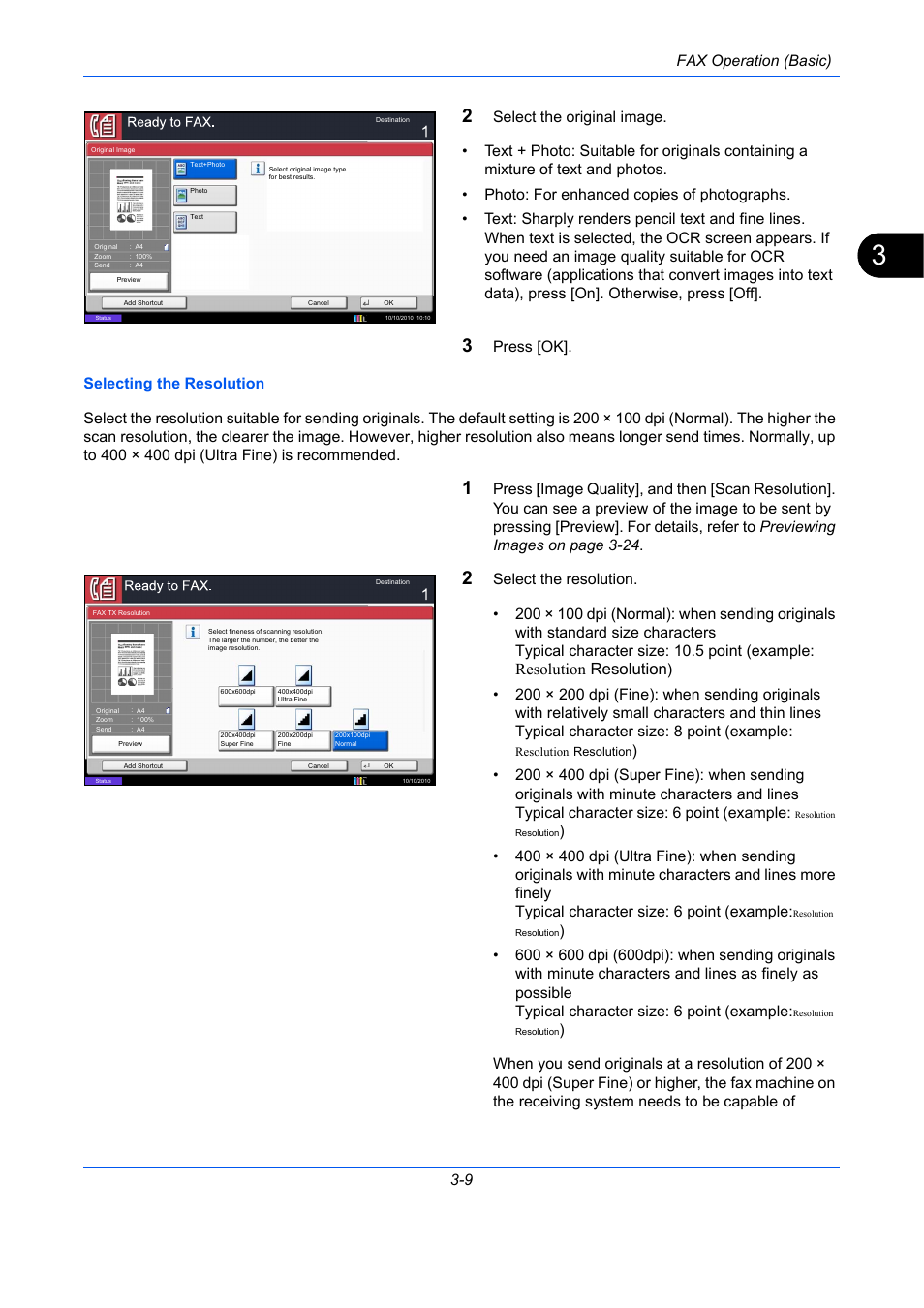 Resolution, Fax operation (basic) 3-9 | TA Triumph-Adler DC 2435 User Manual | Page 49 / 250