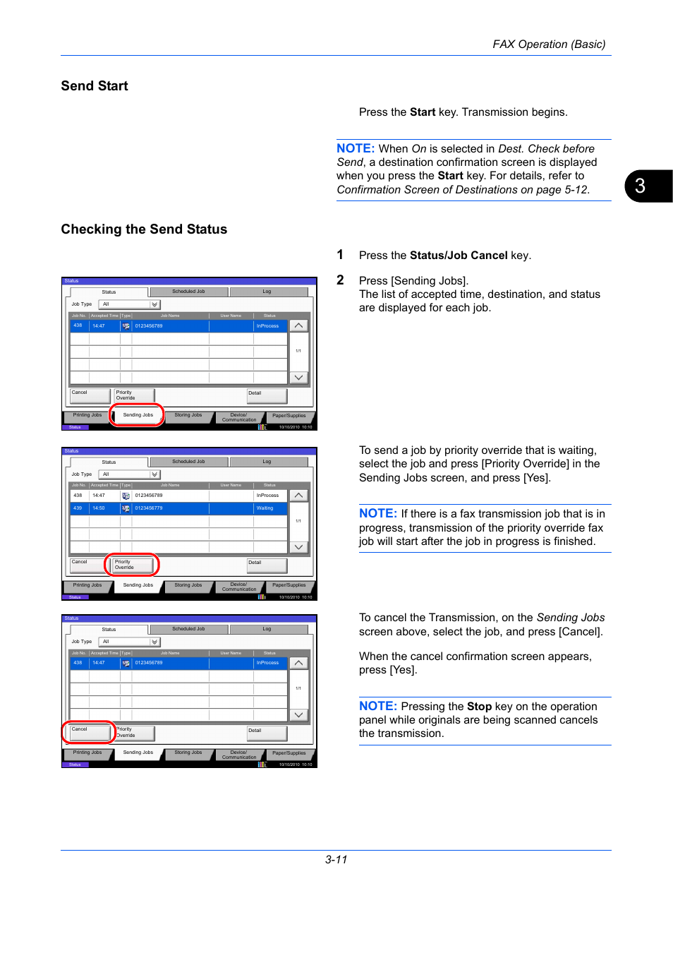 Send start, Checking the send status, Checking the send status 1 | Fax operation (basic) 3-11, Press the start key. transmission begins, Press the status/job cancel key | TA Triumph-Adler DC 2435 User Manual | Page 51 / 250