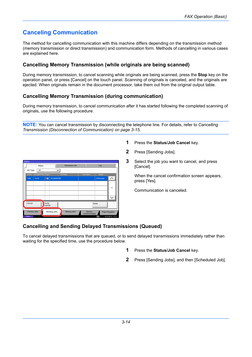 Canceling communication, Canceling communication -14, Fax operation (basic) 3-14 | Press the status/job cancel key, Press [sending jobs, Press [sending jobs], and then [scheduled job | TA Triumph-Adler DC 2435 User Manual | Page 54 / 250