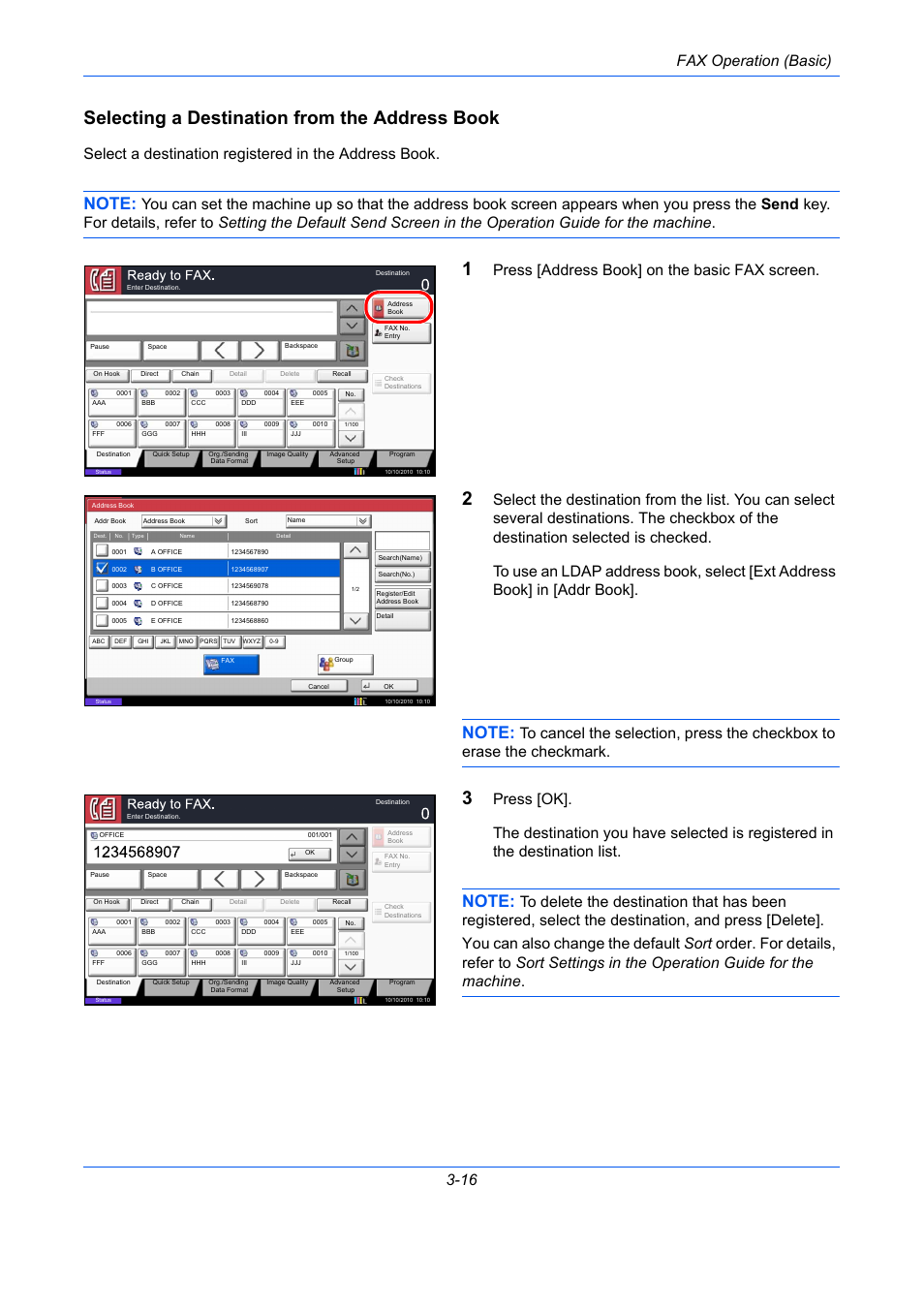 Selecting a destination from the address book, Fax operation (basic) 3-16, Press [address book] on the basic fax screen | TA Triumph-Adler DC 2435 User Manual | Page 56 / 250