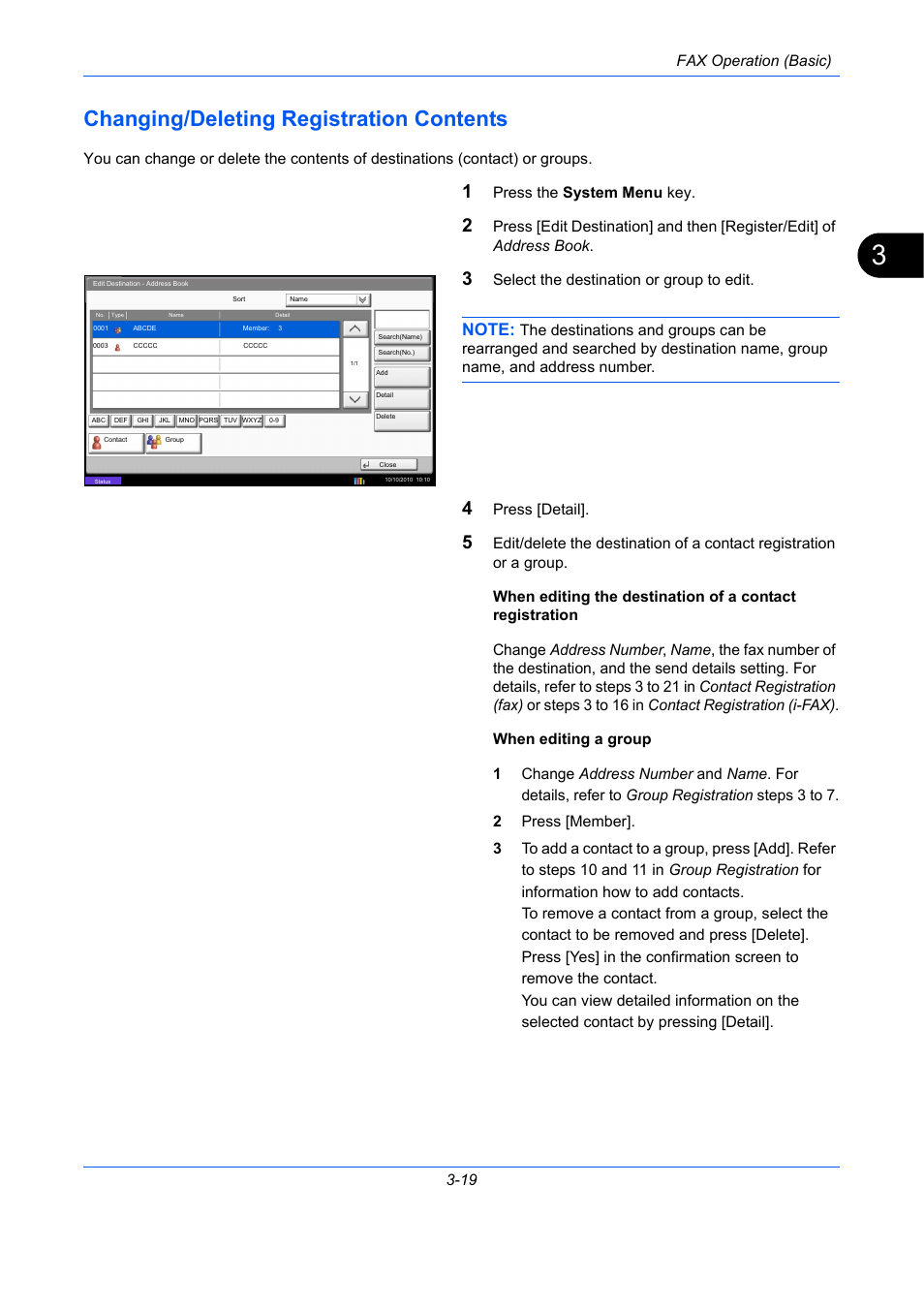 Changing/deleting registration contents, Changing/deleting registration contents -19, Fax operation (basic) 3-19 | Press the system menu key, Select the destination or group to edit, Press [detail | TA Triumph-Adler DC 2435 User Manual | Page 59 / 250