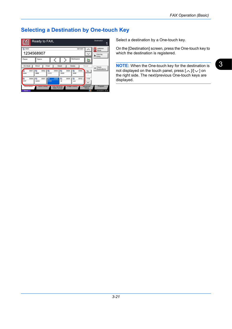 Selecting a destination by one-touch key, Selecting a destination by one-touch key -21, Fax operation (basic) 3-21 | TA Triumph-Adler DC 2435 User Manual | Page 61 / 250