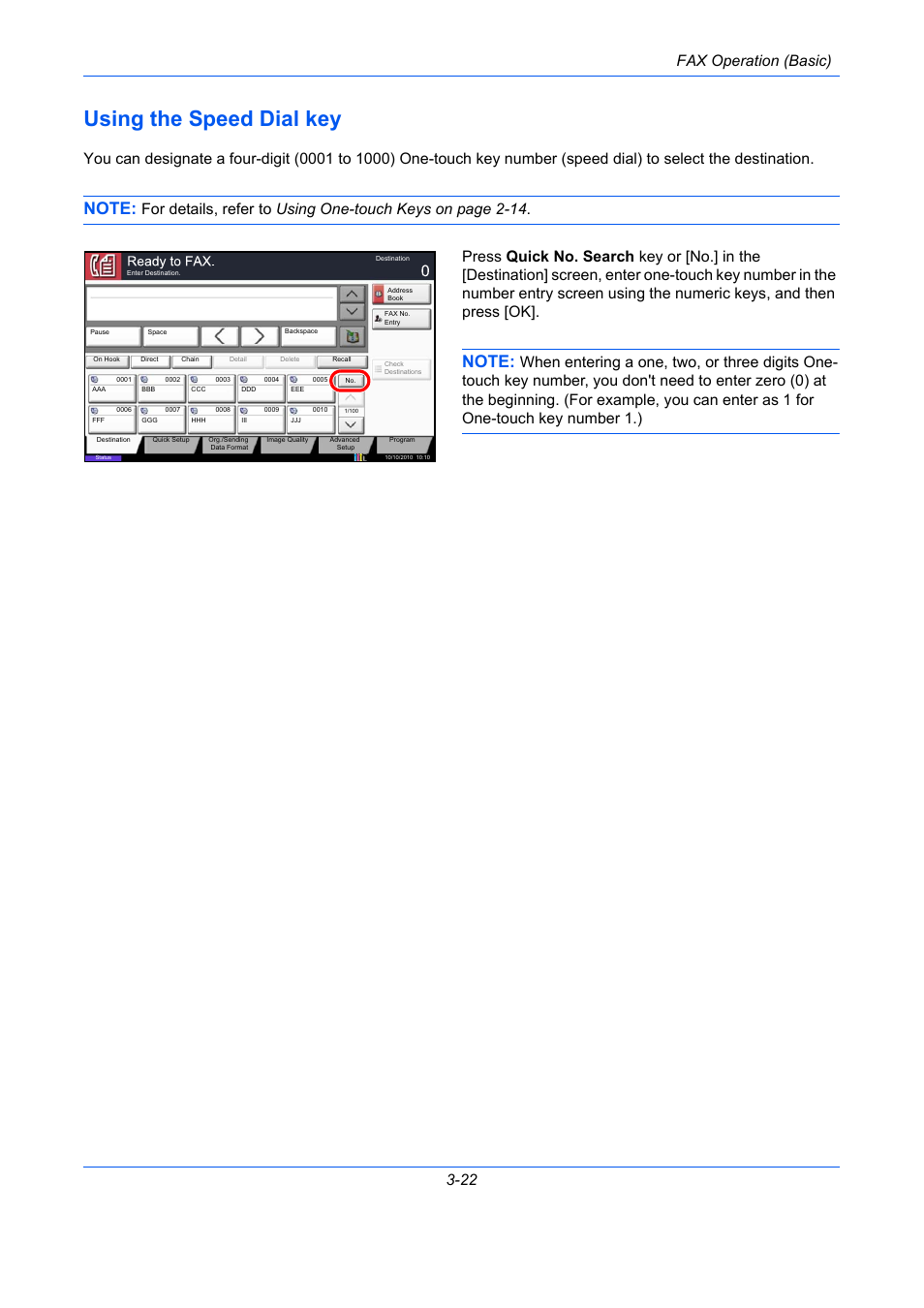 Using the speed dial key, Using the speed dial key -22, Fax operation (basic) 3-22 | TA Triumph-Adler DC 2435 User Manual | Page 62 / 250