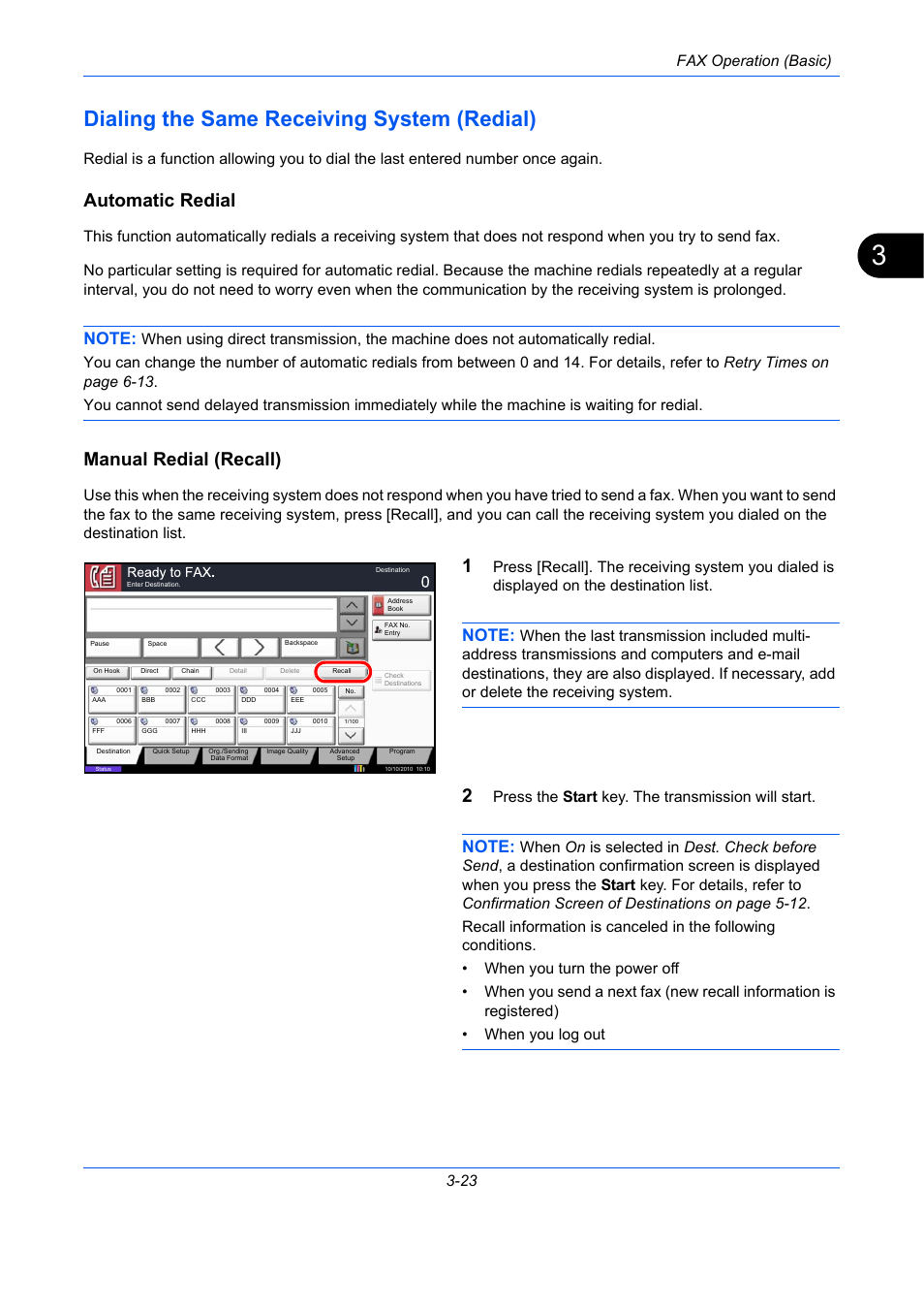 Dialing the same receiving system (redial), Automatic redial, Manual redial (recall) | Dialing the same receiving system (redial) -23, Fax operation (basic) 3-23, Press the start key. the transmission will start | TA Triumph-Adler DC 2435 User Manual | Page 63 / 250