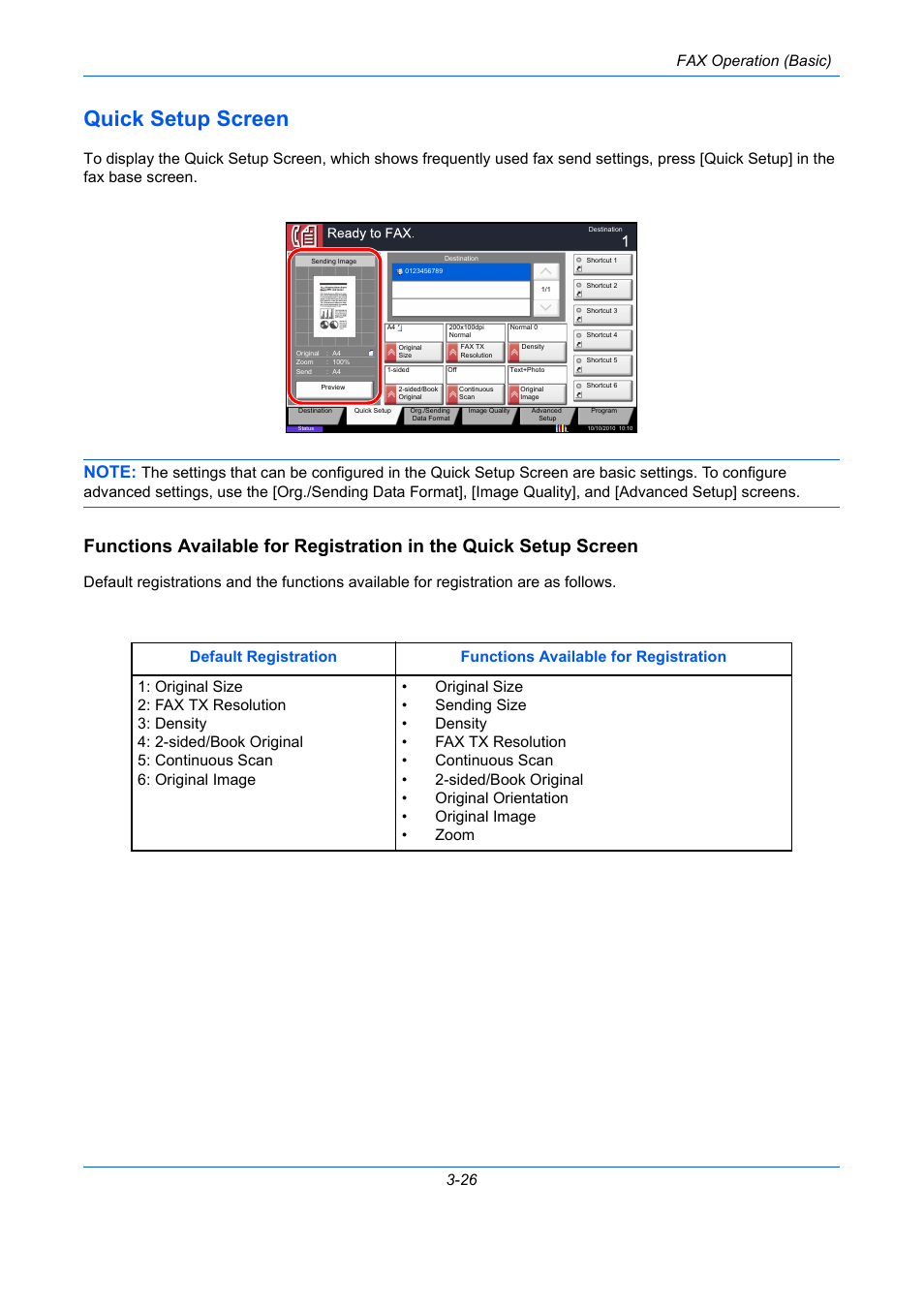 Quick setup screen, Quick setup screen -26, Fax operation (basic) 3-26 | TA Triumph-Adler DC 2435 User Manual | Page 66 / 250