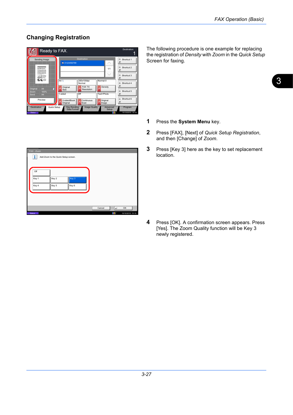 Changing registration, Fax operation (basic) 3-27, Press the system menu key | TA Triumph-Adler DC 2435 User Manual | Page 67 / 250