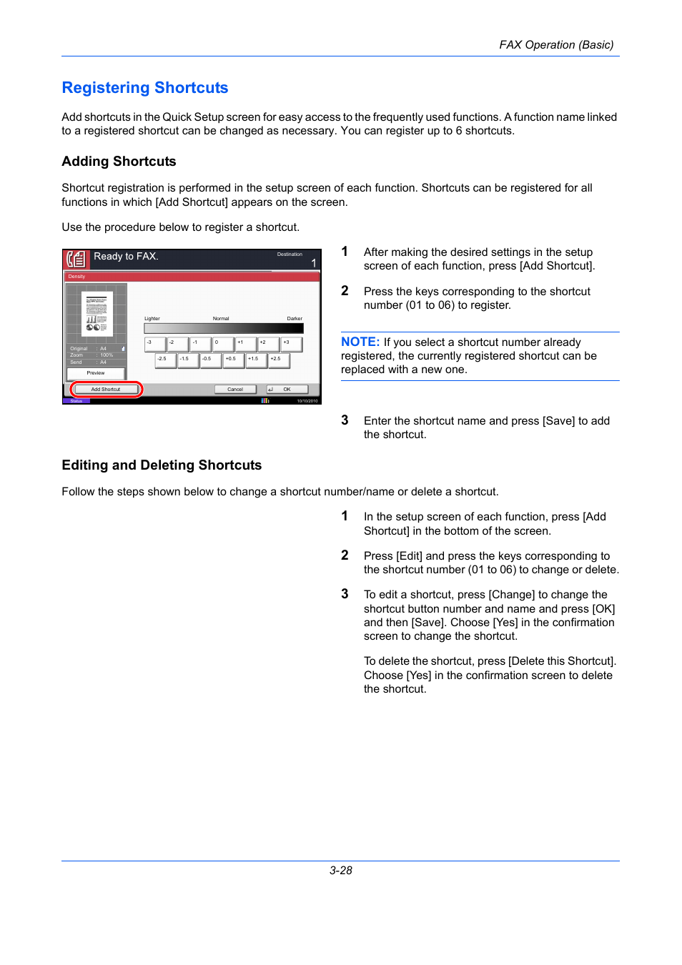 Registering shortcuts, Adding shortcuts, Editing and deleting shortcuts | Registering shortcuts -28, Fax operation (basic) 3-28 | TA Triumph-Adler DC 2435 User Manual | Page 68 / 250