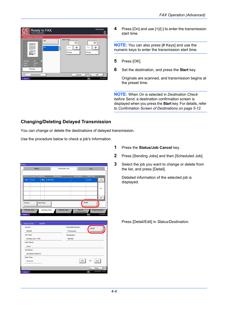 Changing/deleting delayed transmission, Fax operation (advanced) 4-4, Press [ok | Press the status/job cancel key, Press [sending jobs] and then [scheduled job | TA Triumph-Adler DC 2435 User Manual | Page 72 / 250