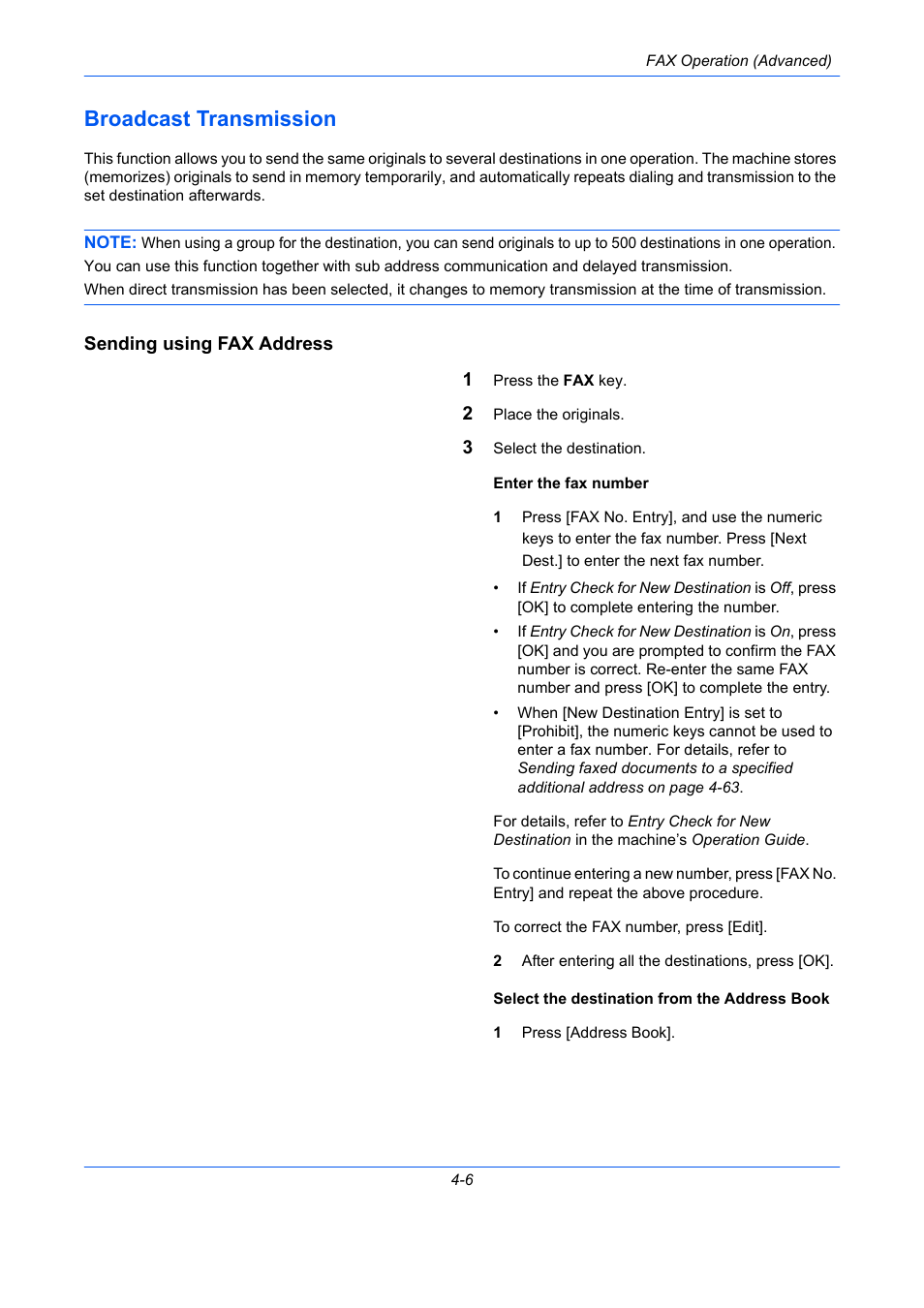 Broadcast transmission, Sending using fax address, Broadcast transmission -6 | TA Triumph-Adler DC 2435 User Manual | Page 74 / 250