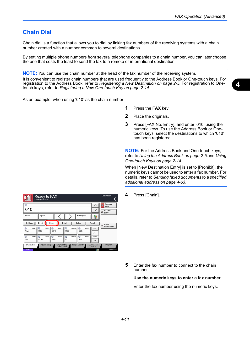 Chain dial, Chain dial -11, Fax operation (advanced) 4-11 | Press the fax key, Place the originals, Press [chain | TA Triumph-Adler DC 2435 User Manual | Page 79 / 250