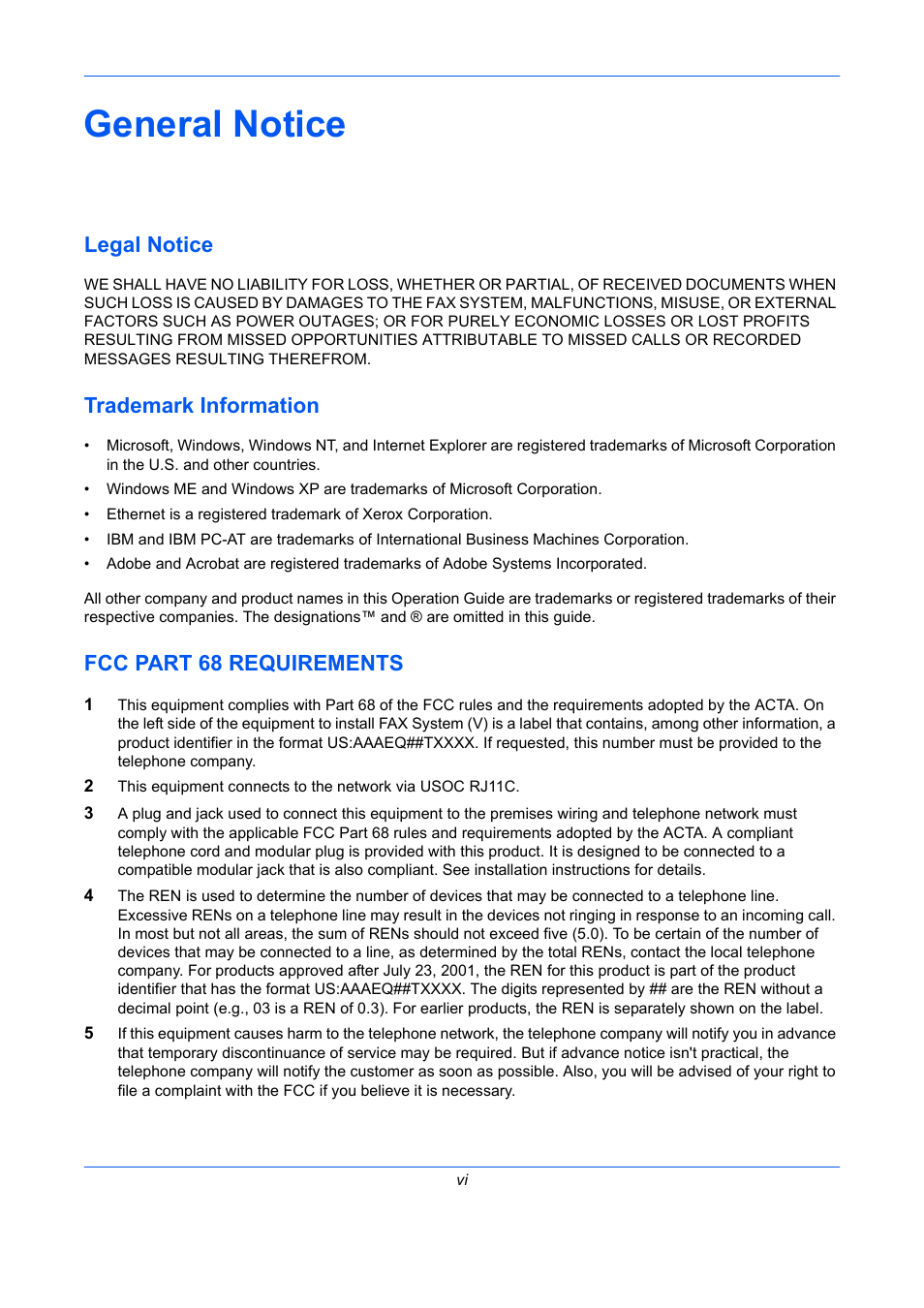 General notice, Legal notice, Trademark information | Fcc part 68 requirements | TA Triumph-Adler DC 2435 User Manual | Page 8 / 250