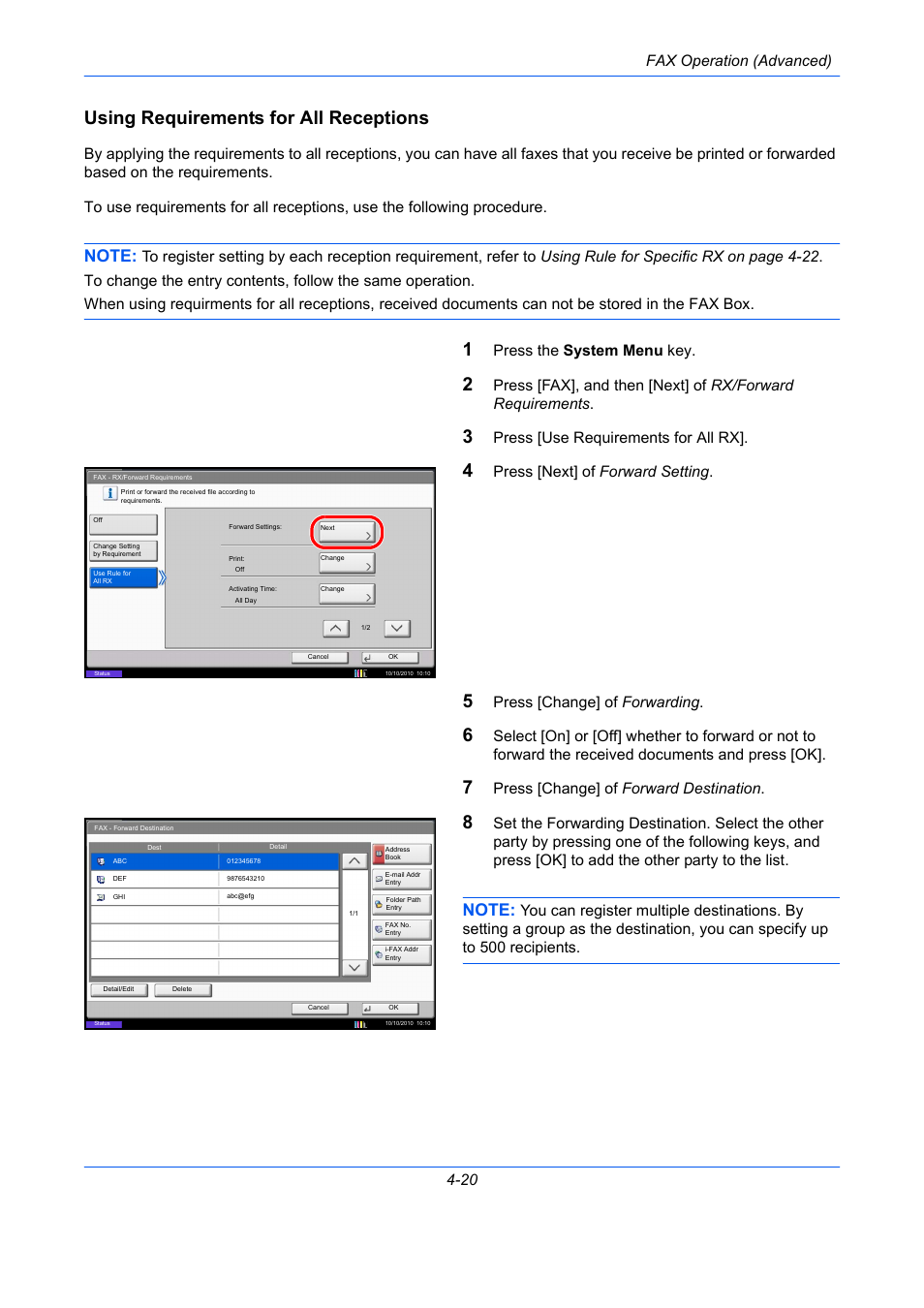 Using requirements for all receptions, Fax operation (advanced) 4-20, Press the system menu key | Press [use requirements for all rx, Press [next] of forward setting, Press [change] of forwarding, Press [change] of forward destination | TA Triumph-Adler DC 2435 User Manual | Page 88 / 250