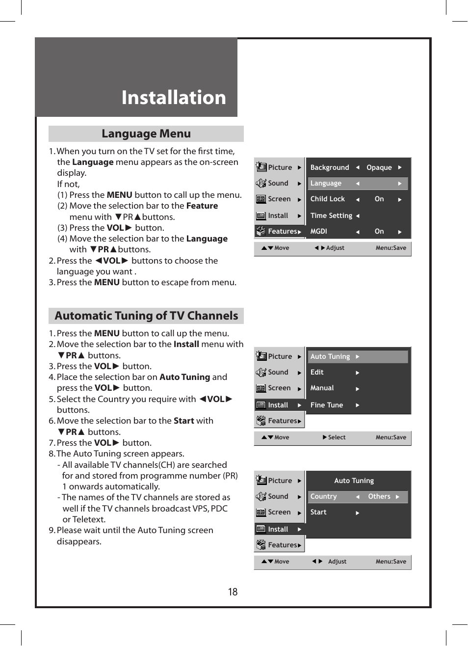 Installation, Language menu, Automatic tuning of tv channels | Daewoo DLP-3212 User Manual | Page 18 / 38