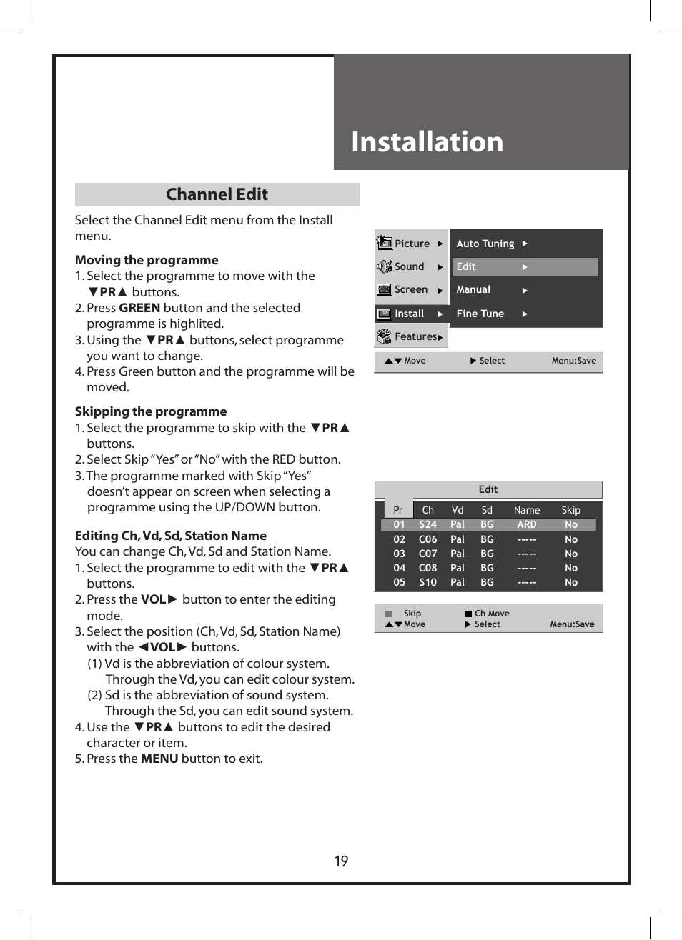 Installation, Channel edit | Daewoo DLP-3212 User Manual | Page 19 / 38