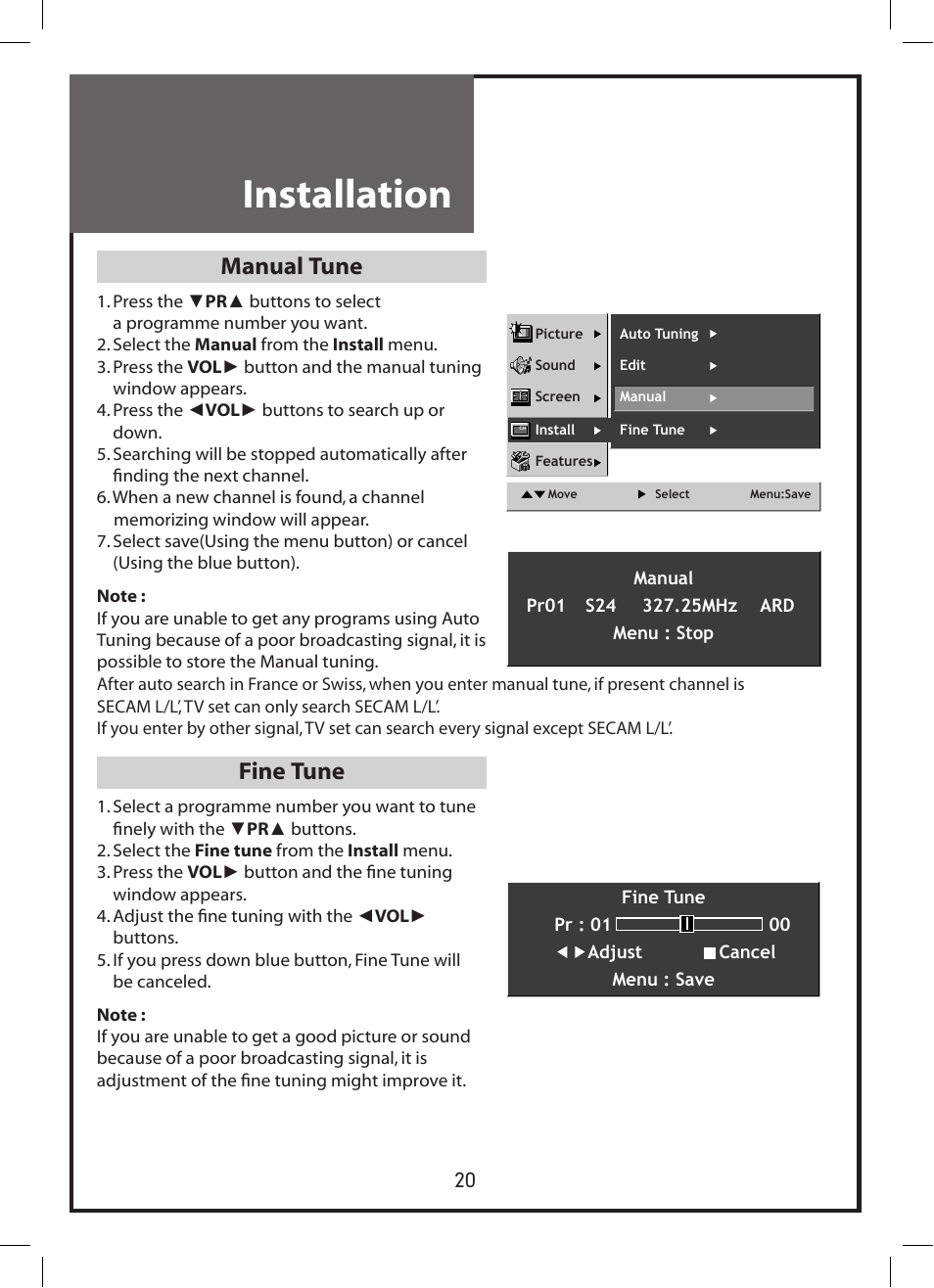 Installation, Manual tune, Fine tune | Daewoo DLP-3212 User Manual | Page 20 / 38