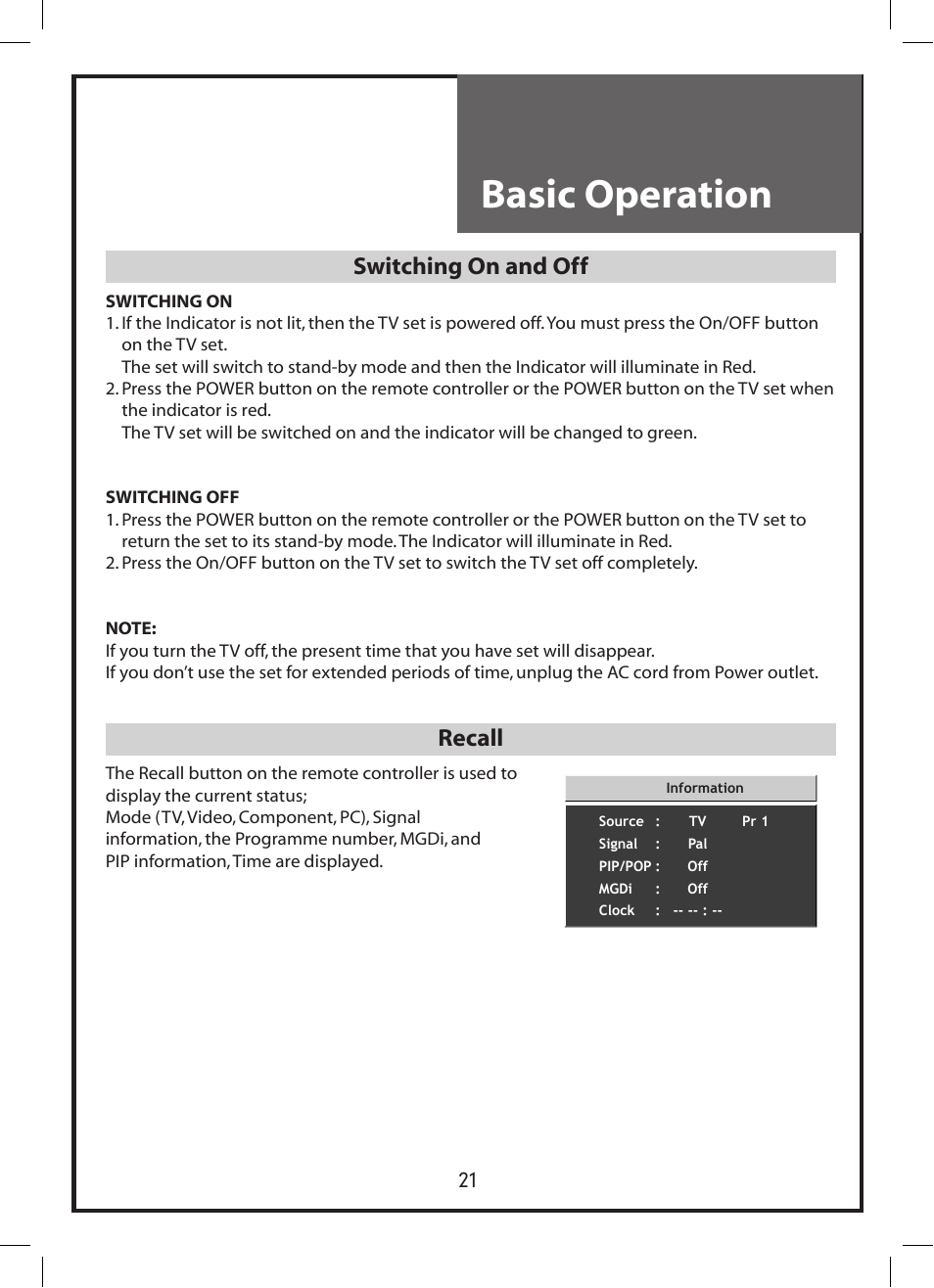 Basic operation, Switching on and off, Recall | Daewoo DLP-3212 User Manual | Page 21 / 38