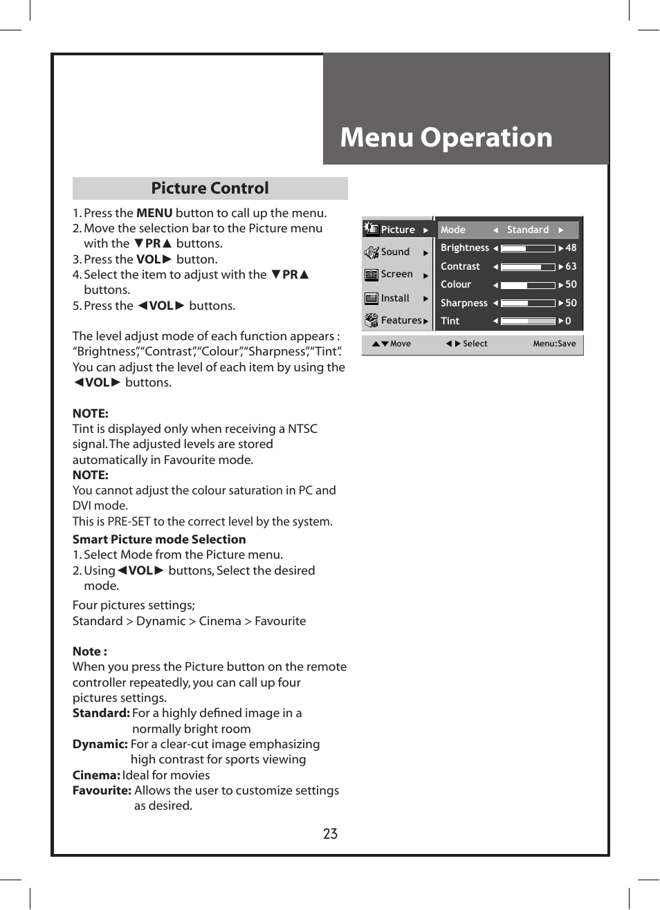 Menu operation, Picture control | Daewoo DLP-3212 User Manual | Page 23 / 38