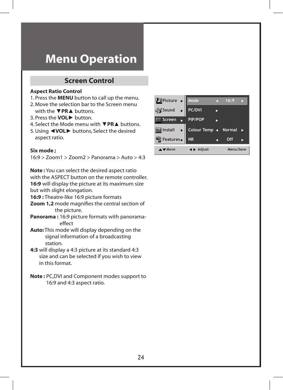 Menu operation, Screen control | Daewoo DLP-3212 User Manual | Page 24 / 38