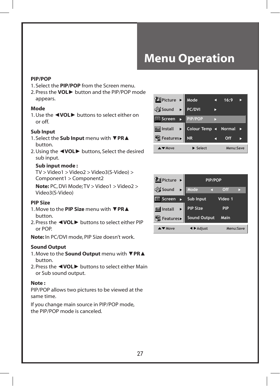 Menu operation | Daewoo DLP-3212 User Manual | Page 27 / 38