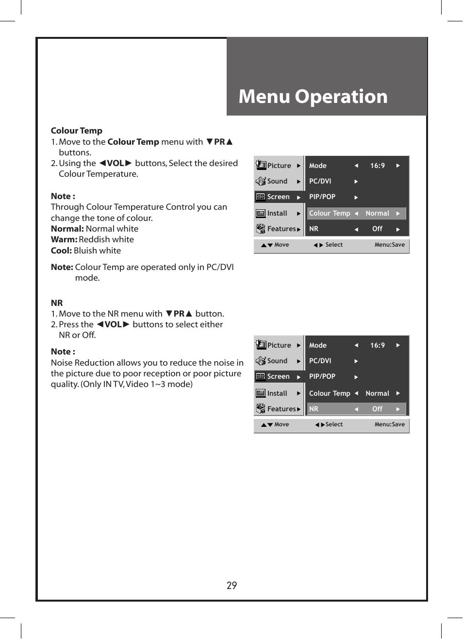 Menu operation | Daewoo DLP-3212 User Manual | Page 29 / 38