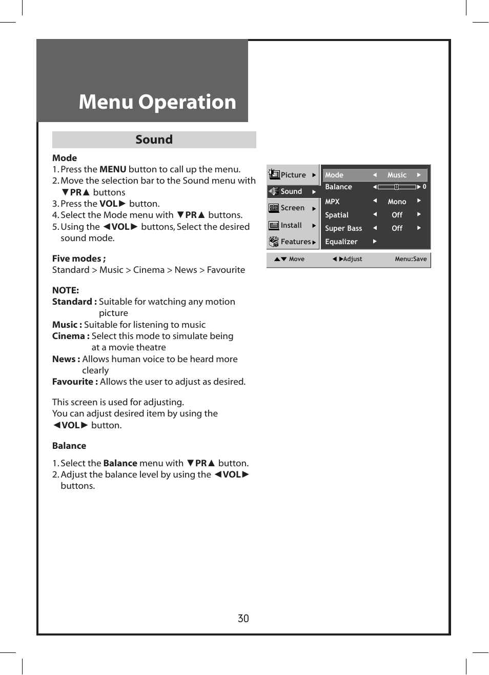 Menu operation, Sound | Daewoo DLP-3212 User Manual | Page 30 / 38