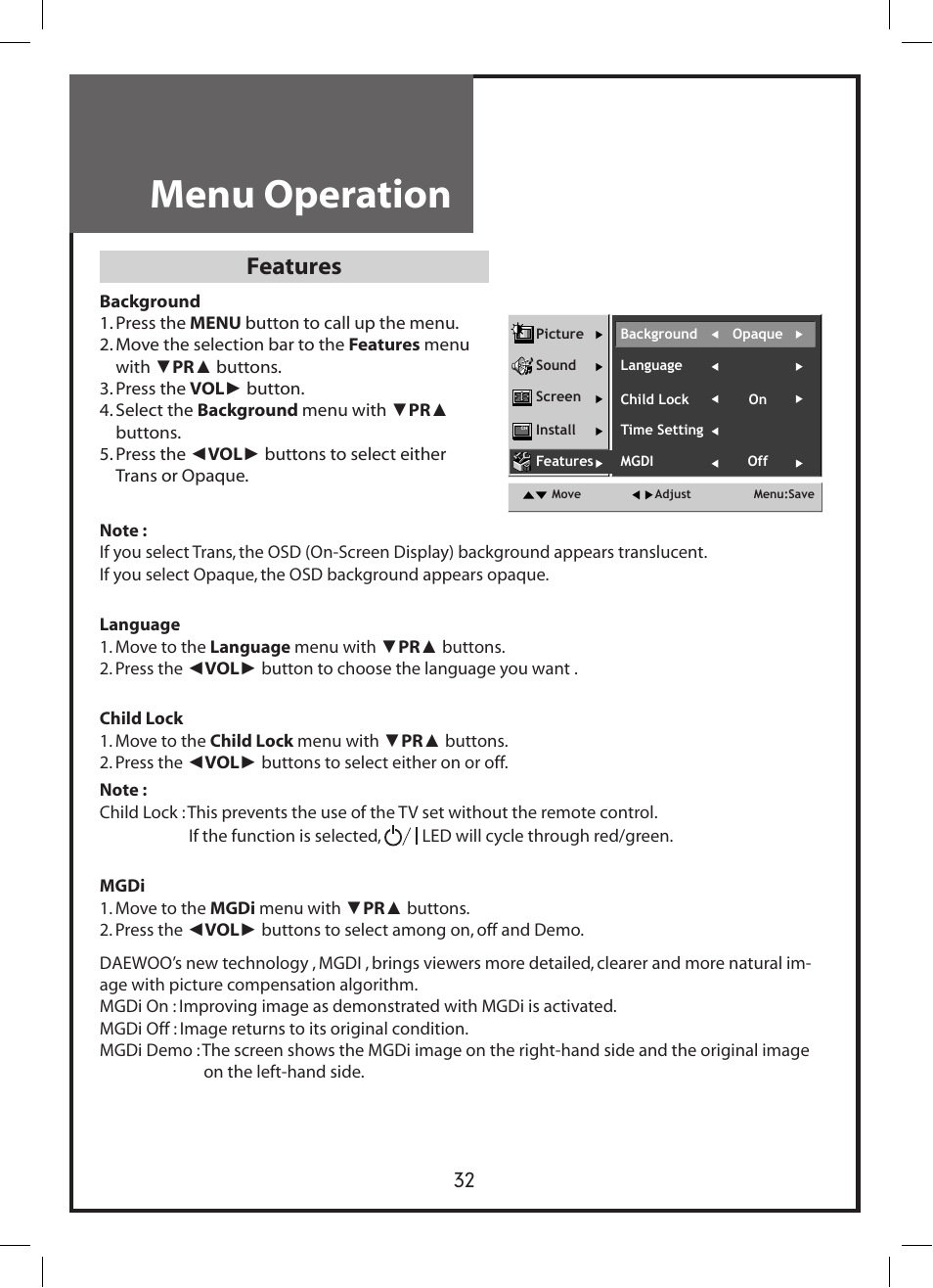 Menu operation, Features | Daewoo DLP-3212 User Manual | Page 32 / 38