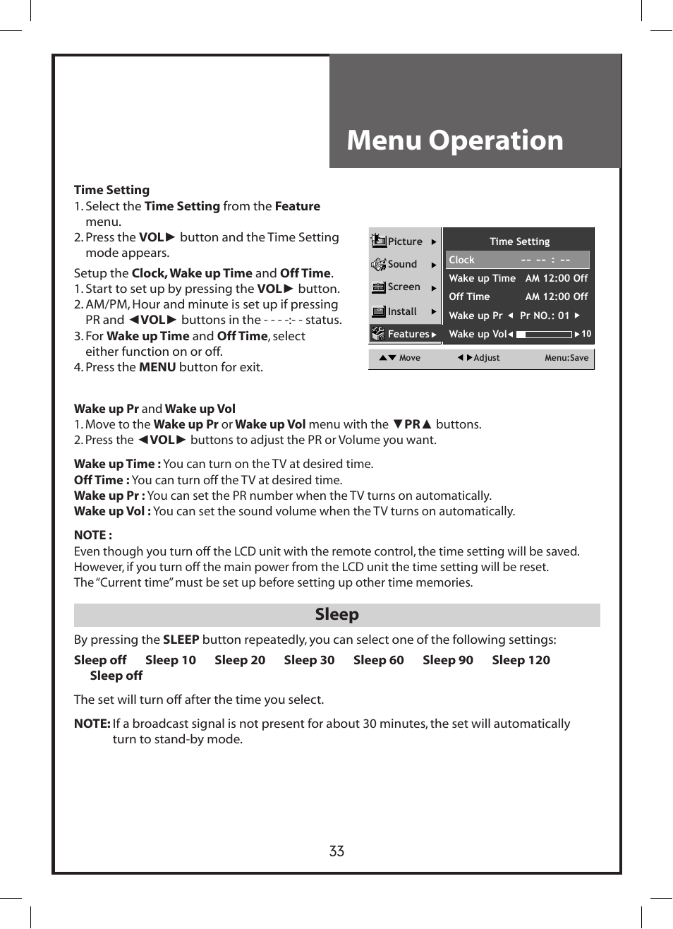 Menu operation, Sleep | Daewoo DLP-3212 User Manual | Page 33 / 38