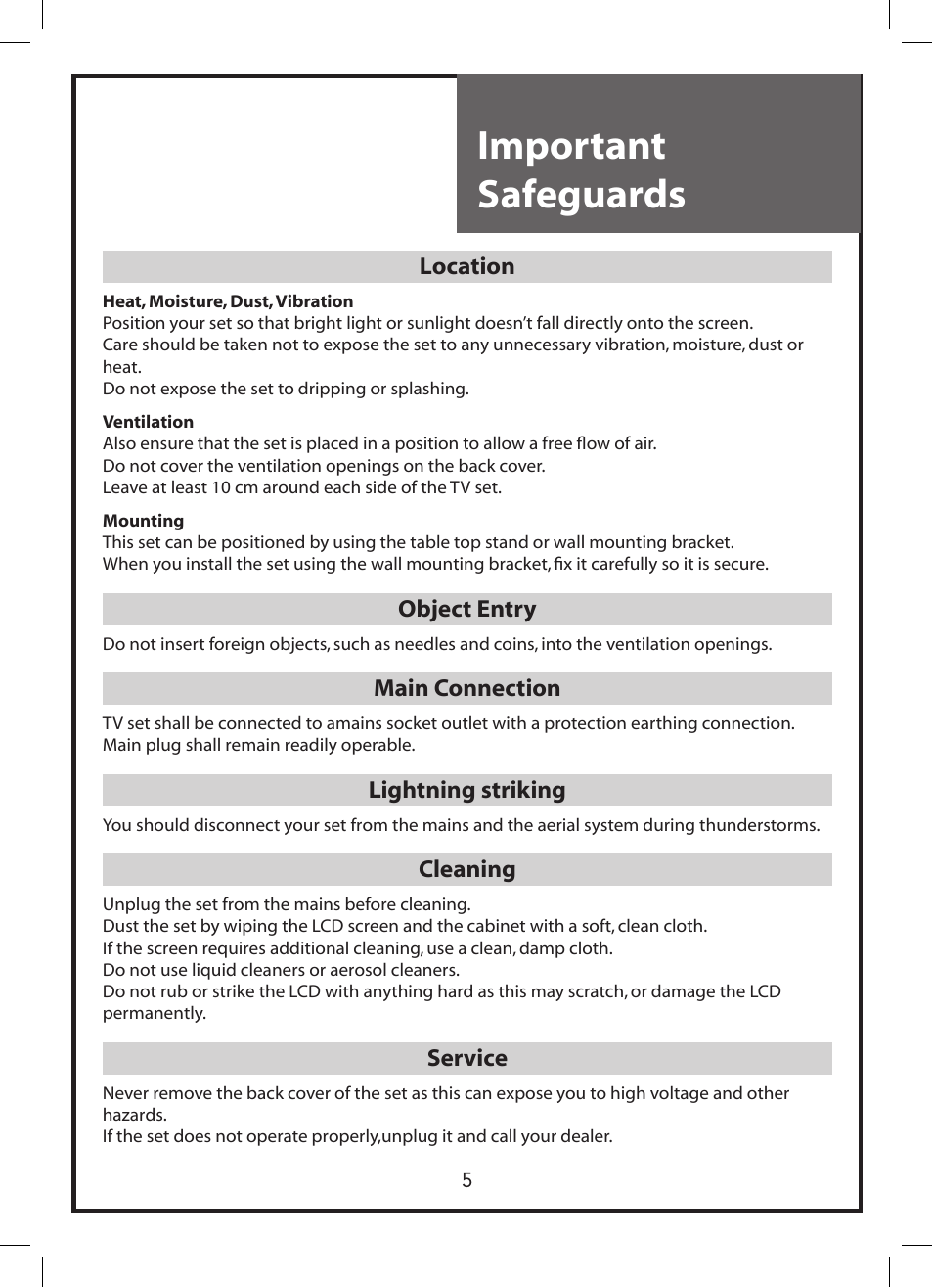 Important safeguards | Daewoo DLP-3212 User Manual | Page 5 / 38