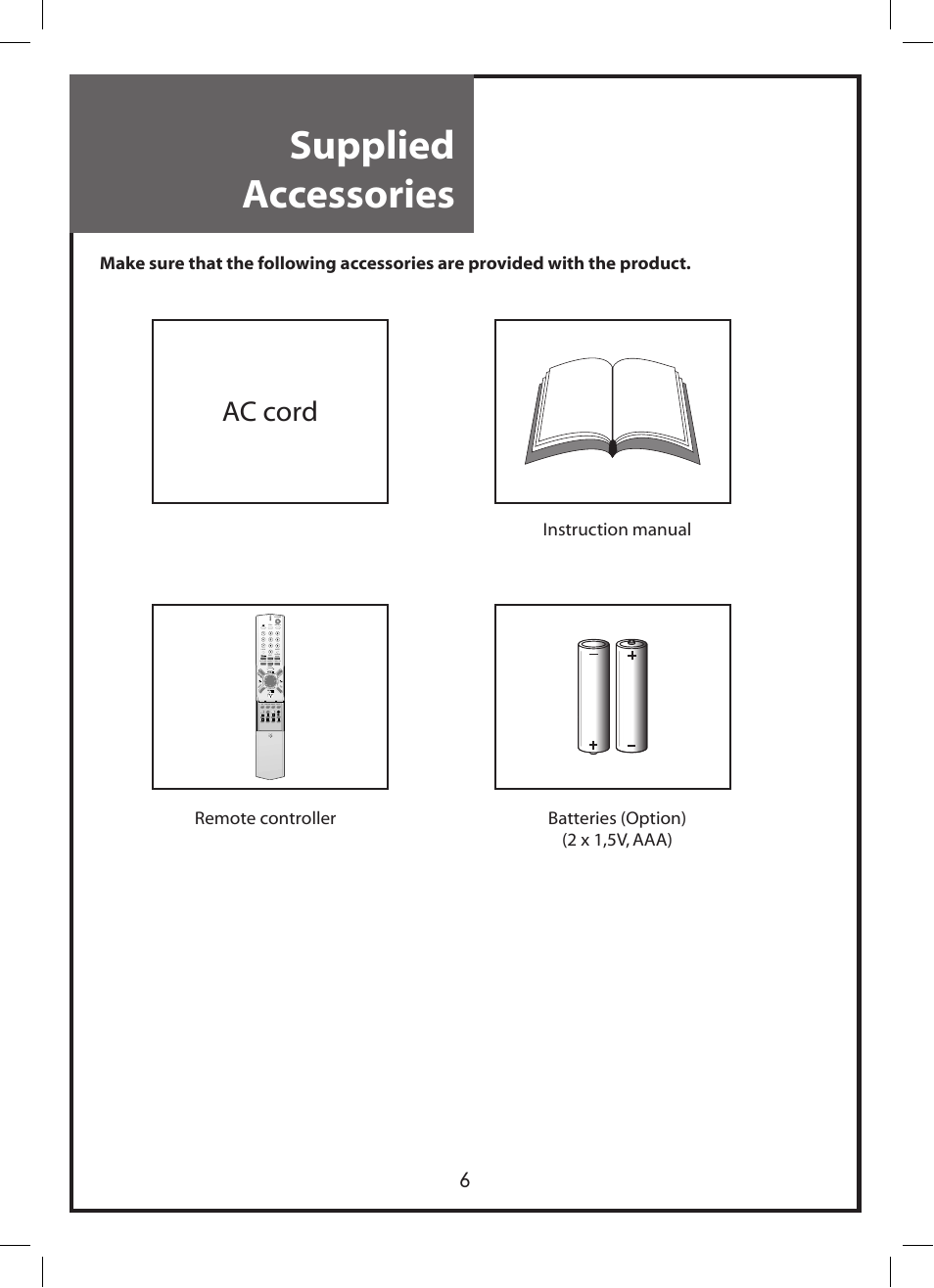 Supplied accessories, Ac cord | Daewoo DLP-3212 User Manual | Page 6 / 38