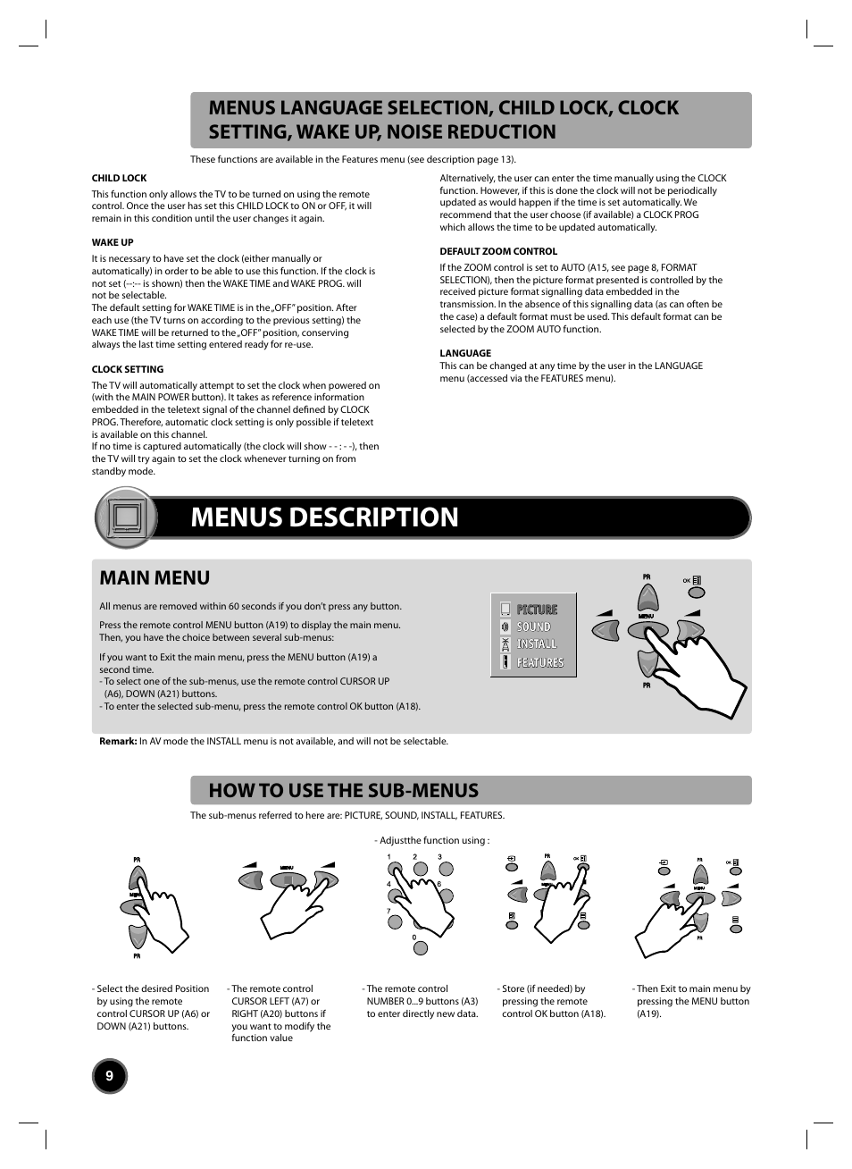 Menus description, Main menu, How to use the sub-menus | Daewoo DTC-20 User Manual | Page 10 / 18