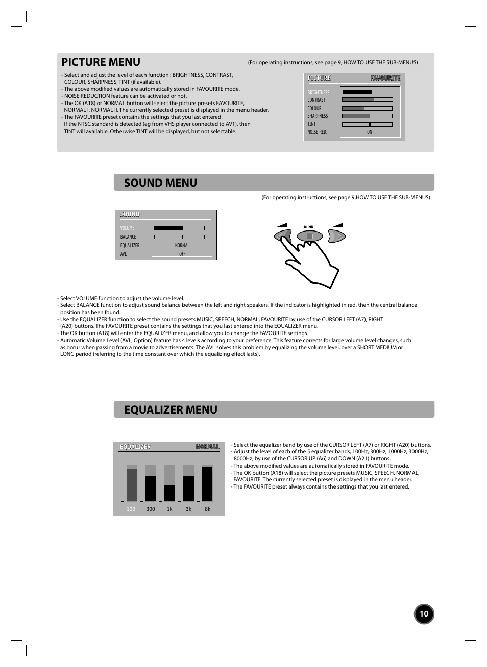 Picture menu, Sound menu, Equalizer menu | Daewoo DTC-20 User Manual | Page 11 / 18