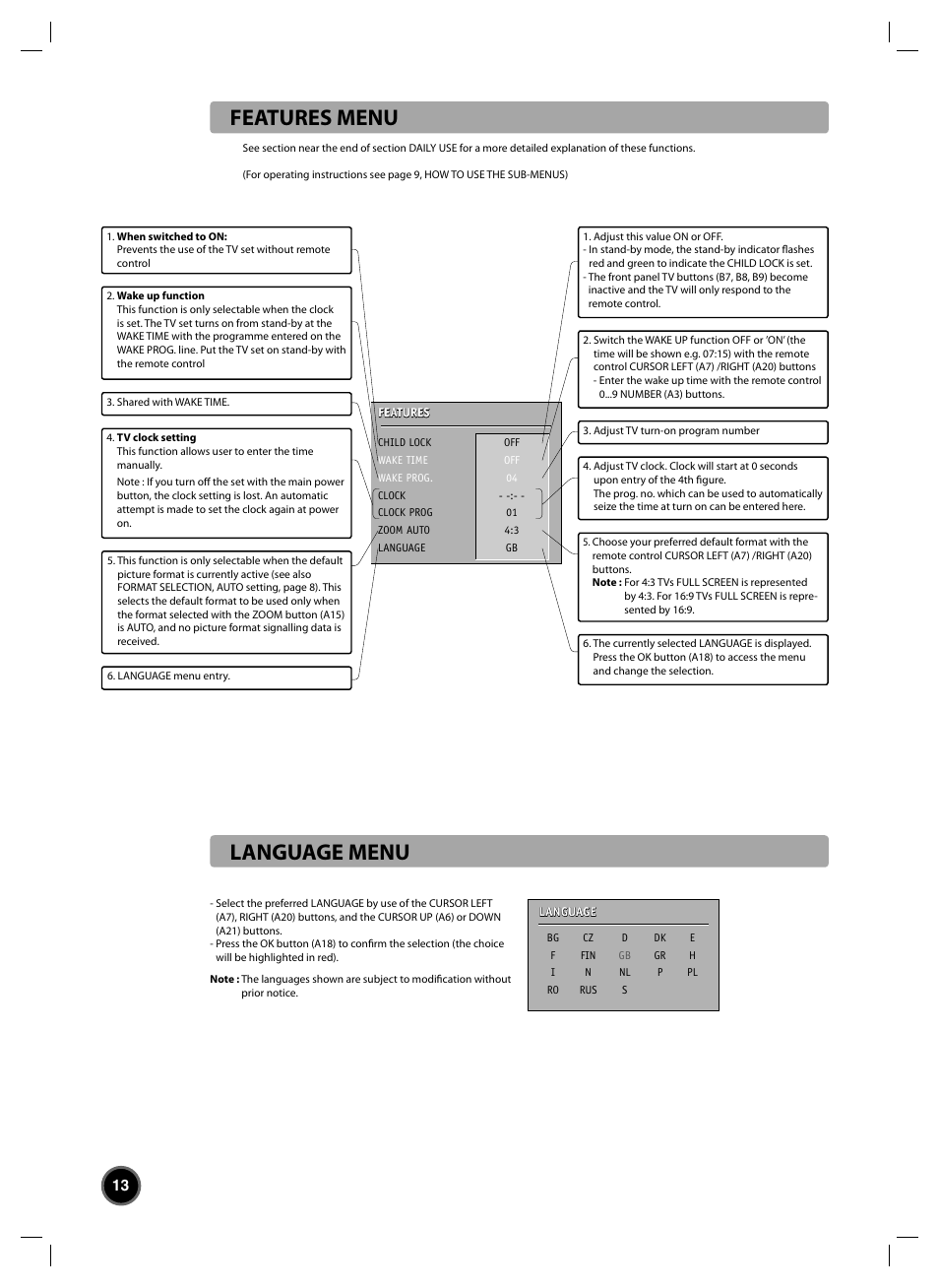 Features menu, Language menu | Daewoo DTC-20 User Manual | Page 14 / 18