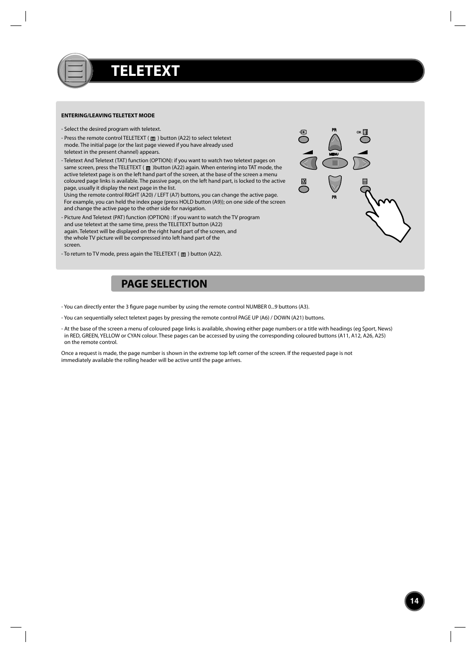 Teletext, Page selection | Daewoo DTC-20 User Manual | Page 15 / 18