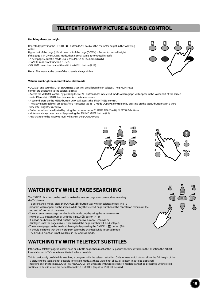 Teletext format picture & sound control, Watching tv while page searching, Watching tv with teletext subtitles | Daewoo DTC-20 User Manual | Page 17 / 18