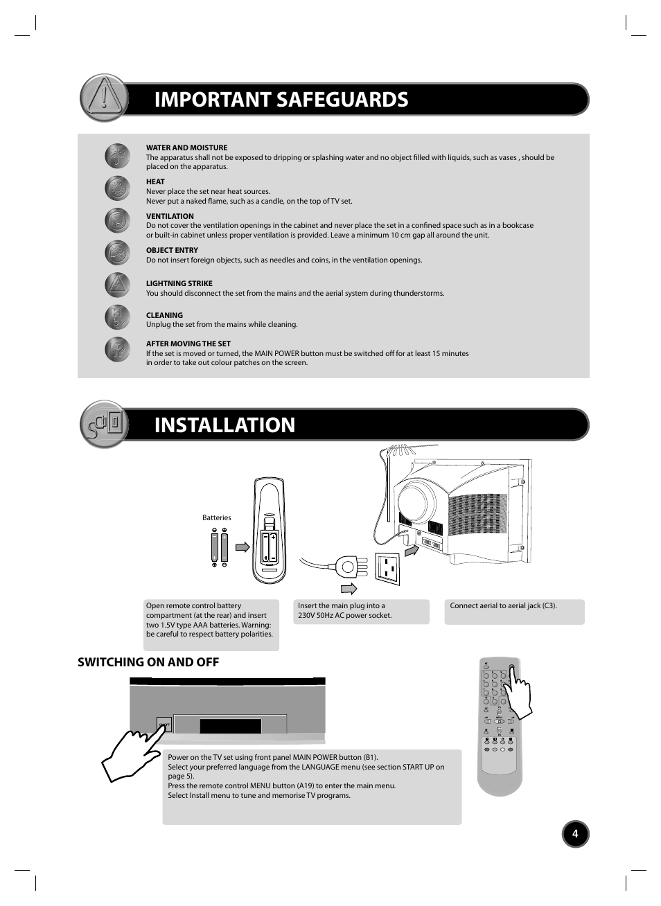 Important safeguards, Installation, Switching on and off | Daewoo DTC-20 User Manual | Page 5 / 18