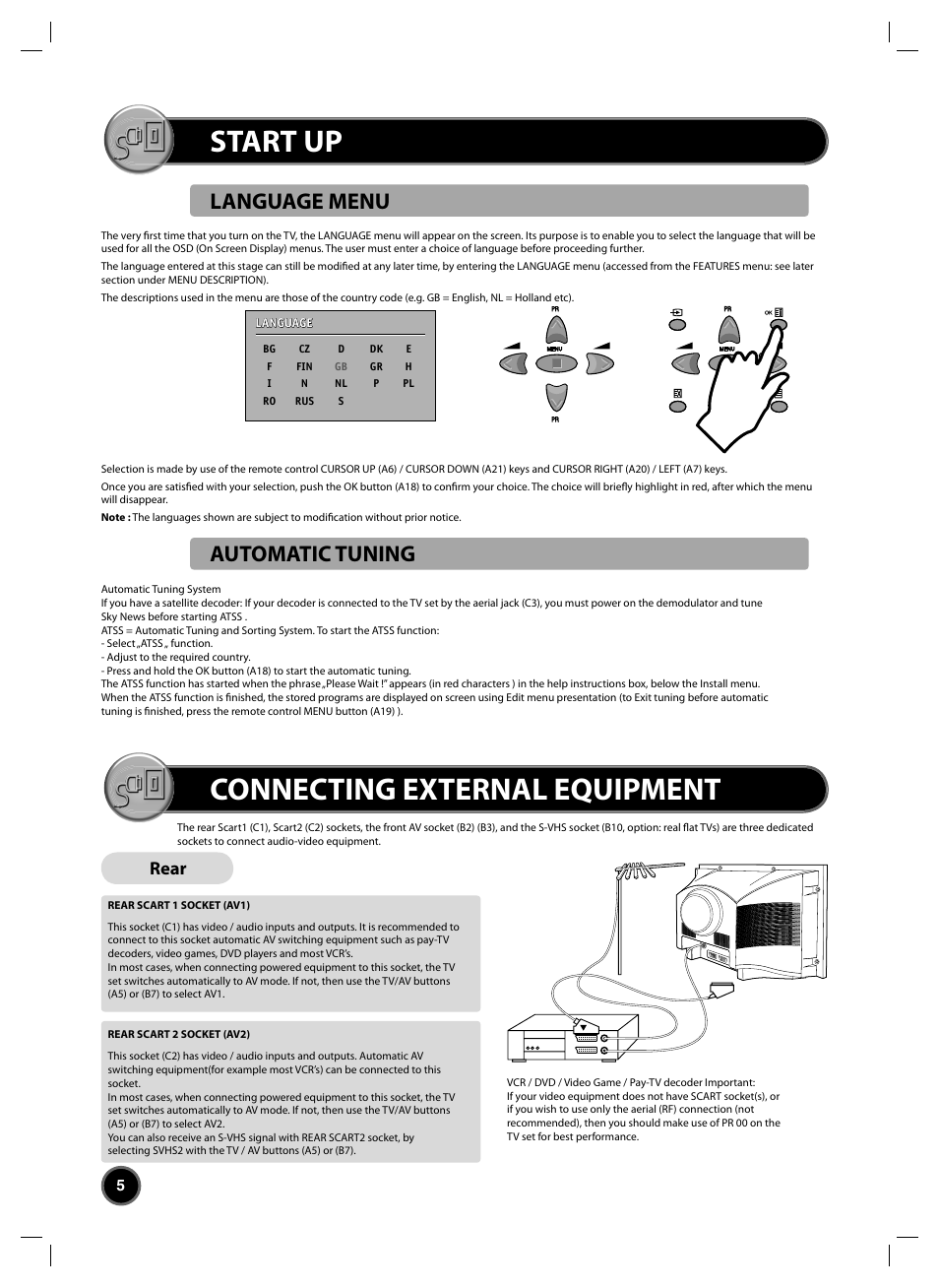 Start up, Connecting external equipment, Language menu automatic tuning | Rear | Daewoo DTC-20 User Manual | Page 6 / 18