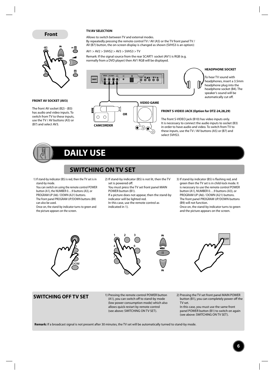 Daily use, Switching on tv set, Switching off tv set | Front | Daewoo DTC-20 User Manual | Page 7 / 18