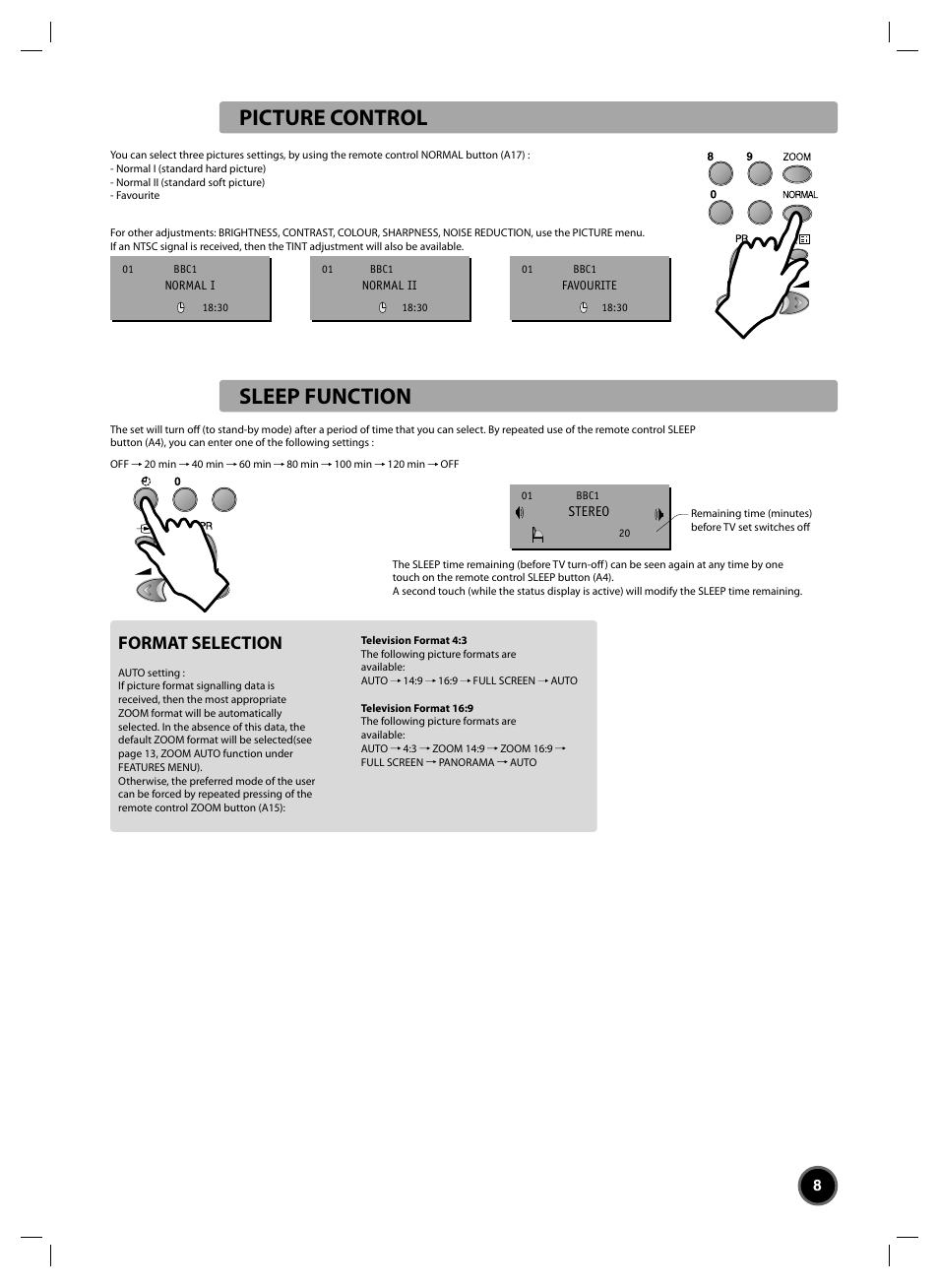 Picture control, Sleep function, Format selection | Daewoo DTC-20 User Manual | Page 9 / 18