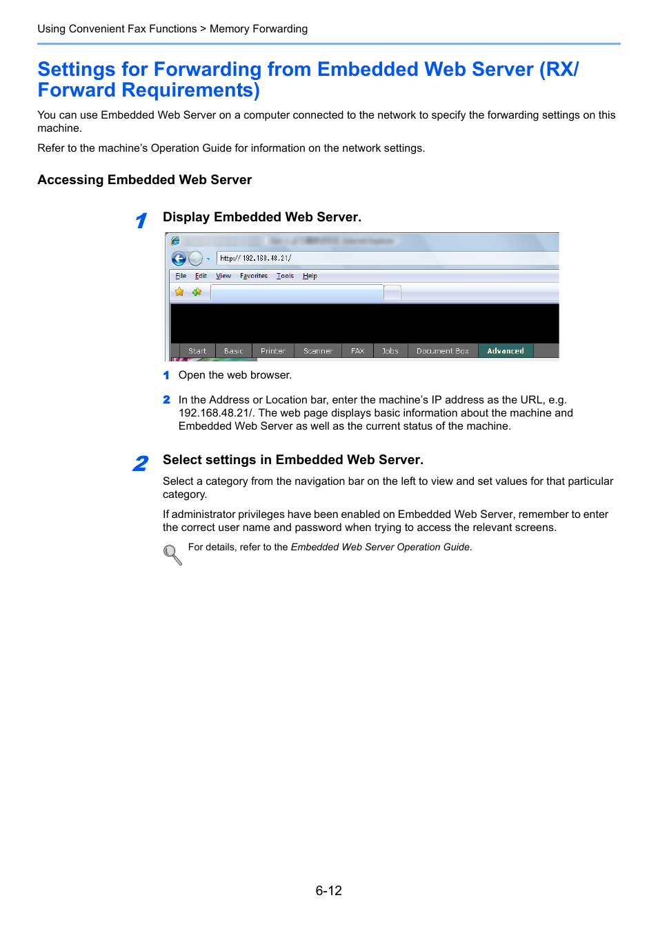 Settings for forwarding from, Embedded web server (rx/forward requirements) 6-12, Embedded web server (rx/forward requirements) -12 | TA Triumph-Adler DC 6025 User Manual | Page 100 / 216