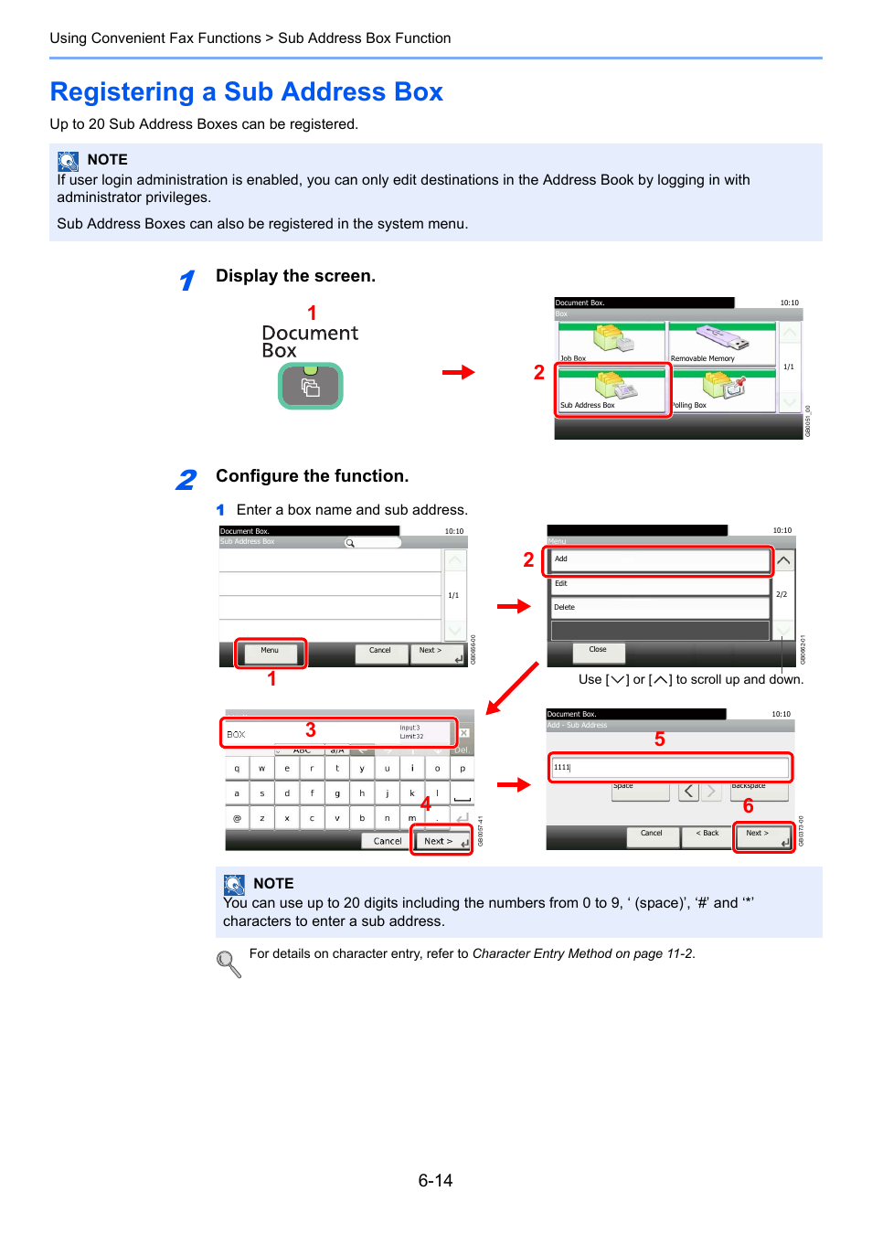 Registering a sub address box, Registering a sub address box -14, Display the screen | Configure the function, Up to 20 sub address boxes can be registered, 1enter a box name and sub address | TA Triumph-Adler DC 6025 User Manual | Page 102 / 216