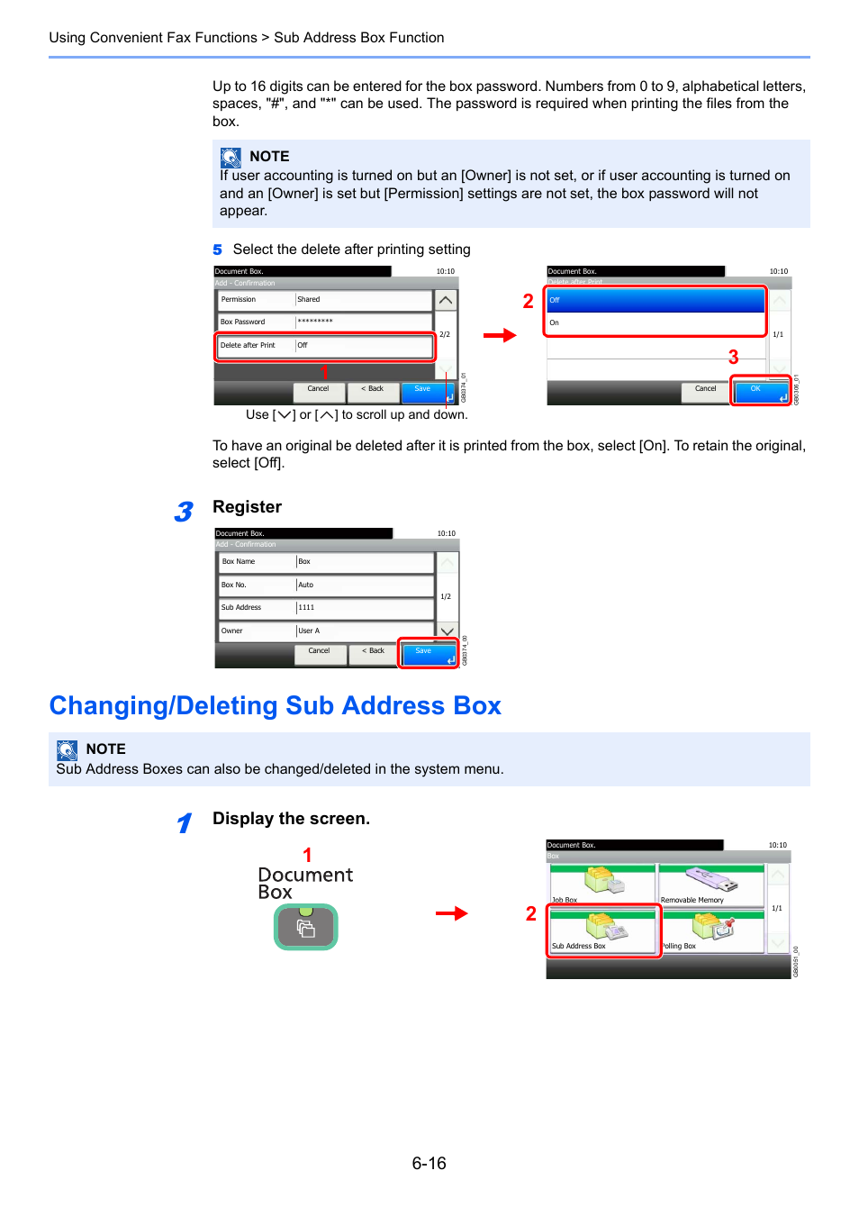 Changing/deleting sub address box, Changing/deleting sub address box -16, Register | Display the screen | TA Triumph-Adler DC 6025 User Manual | Page 104 / 216
