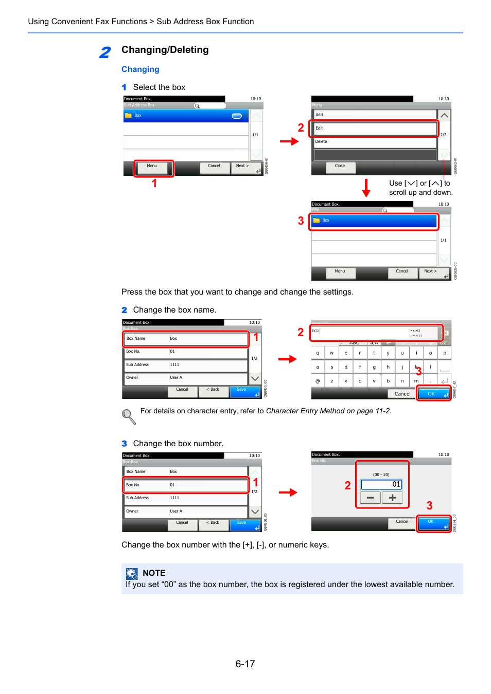 Changing/deleting, Use [ ] or [ ] to scroll up and down | TA Triumph-Adler DC 6025 User Manual | Page 105 / 216
