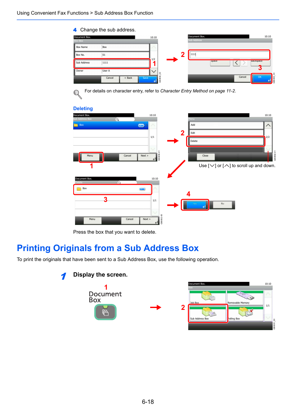 Printing originals from a sub address box, Printing originals from a sub address box -18, Display the screen | Deleting press the box that you want to delete, Use [ ] or [ ] to scroll up and down | TA Triumph-Adler DC 6025 User Manual | Page 106 / 216