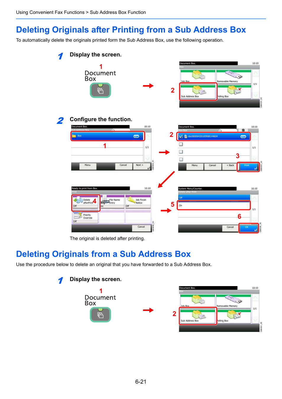 Deleting originals from a sub address box, Display the screen, Configure the function | The original is deleted after printing | TA Triumph-Adler DC 6025 User Manual | Page 109 / 216