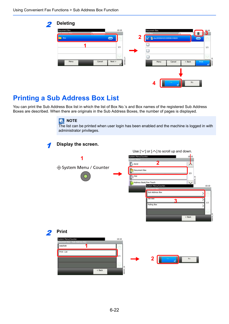 Printing a sub address box list, Printing a sub address box list -22, Deleting | Display the screen, Print | TA Triumph-Adler DC 6025 User Manual | Page 110 / 216