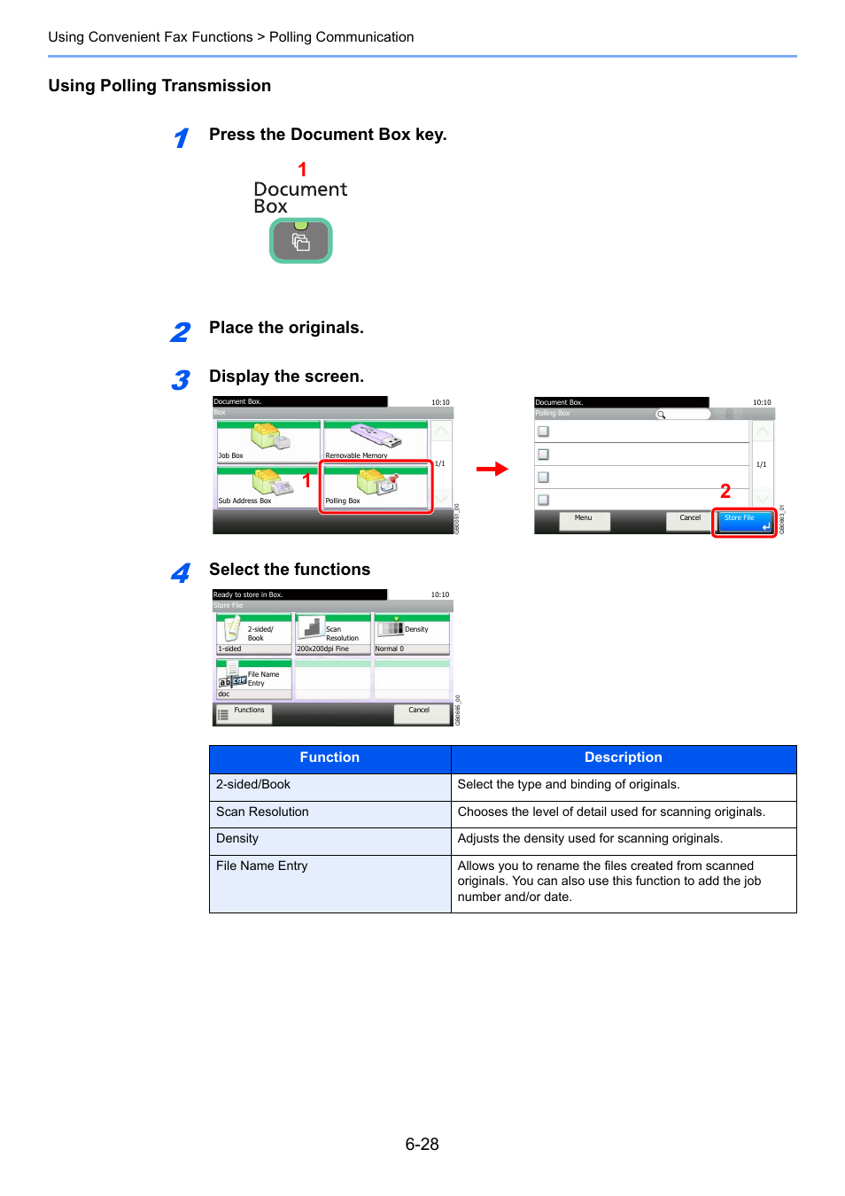 Using polling transmission, Press the document box key, Place the originals | Display the screen, Select the functions | TA Triumph-Adler DC 6025 User Manual | Page 116 / 216