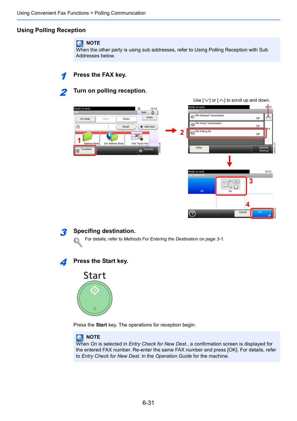 Using polling reception, Press the fax key, Turn on polling reception | Specifing destination, Press the start key | TA Triumph-Adler DC 6025 User Manual | Page 119 / 216
