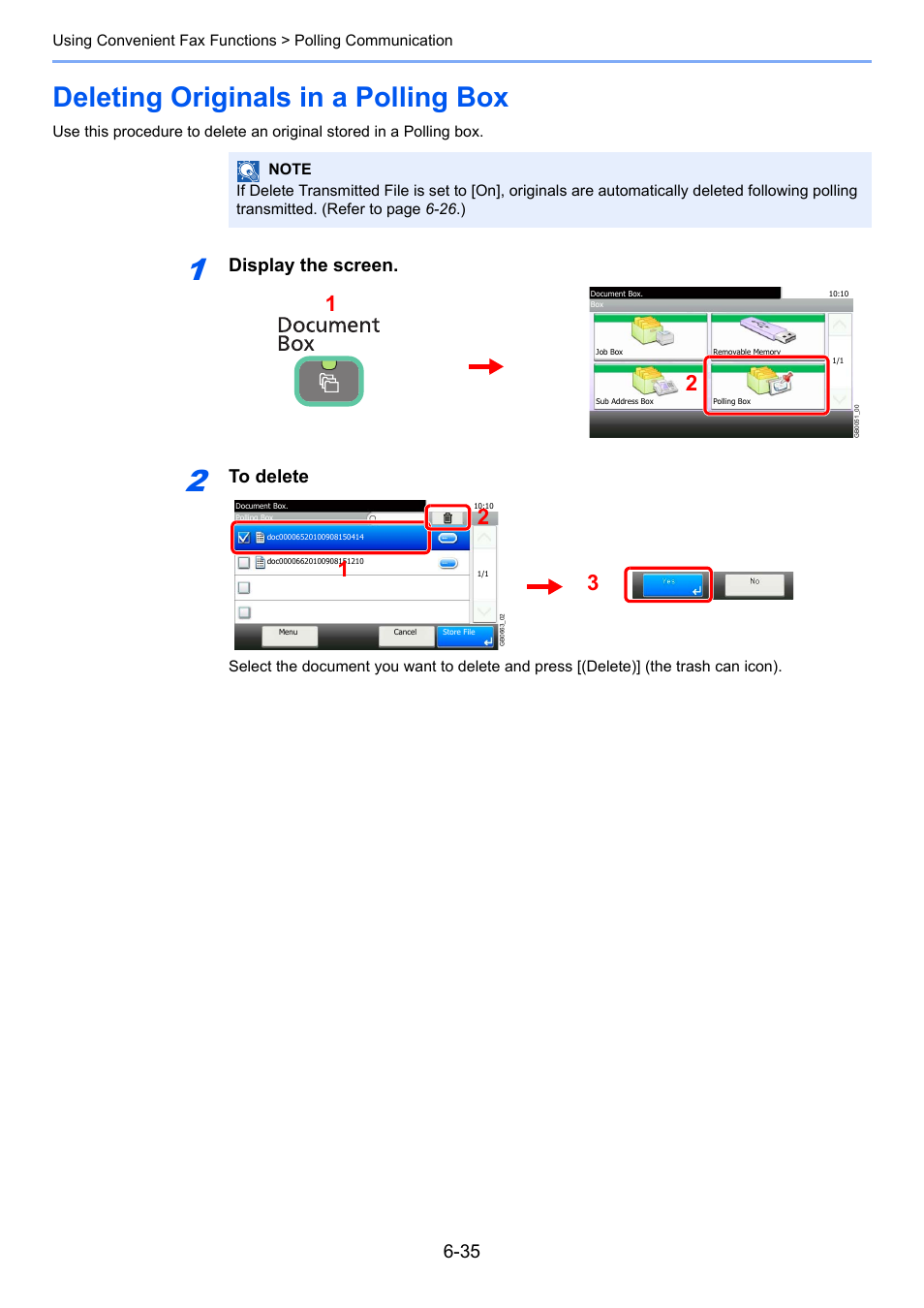Deleting originals in a polling box, Deleting originals in a polling box -35, Display the screen | TA Triumph-Adler DC 6025 User Manual | Page 123 / 216