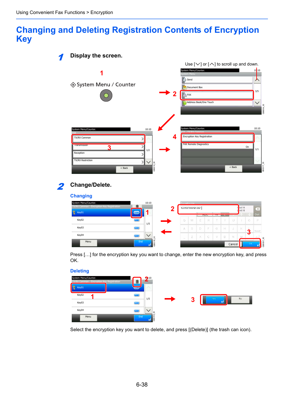 Display the screen, Change/delete, Using convenient fax functions > encryption | TA Triumph-Adler DC 6025 User Manual | Page 126 / 216