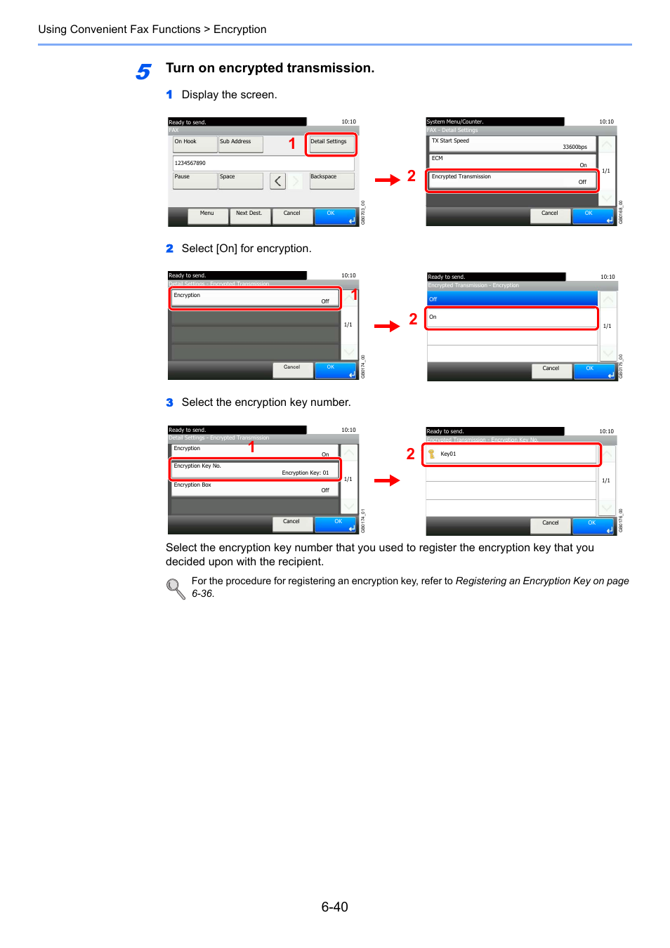 Turn on encrypted transmission, Using convenient fax functions > encryption | TA Triumph-Adler DC 6025 User Manual | Page 128 / 216